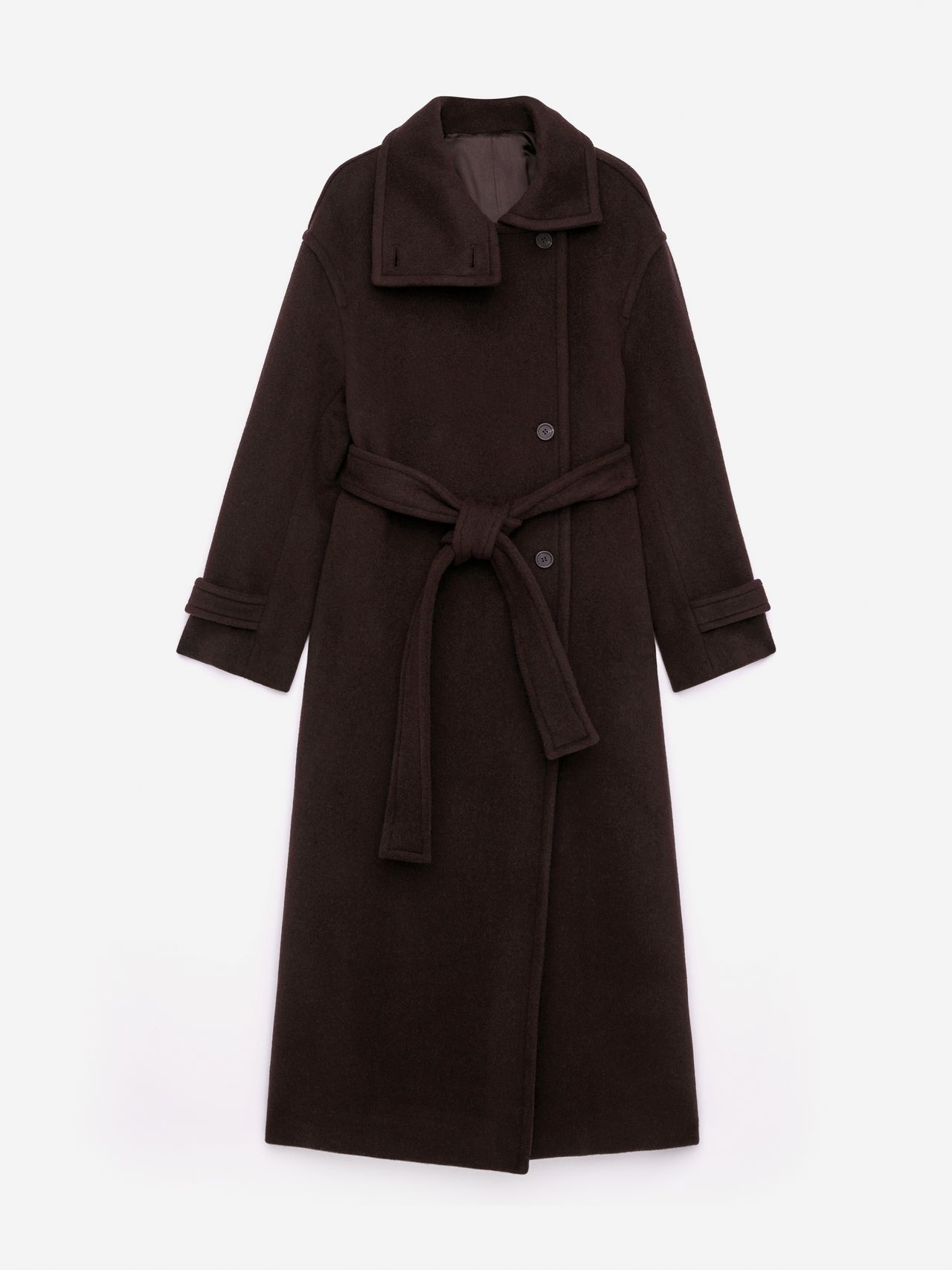 Dark brown long wool coat with a high collar, button closure, and a waist belt, laid flat against a white background.