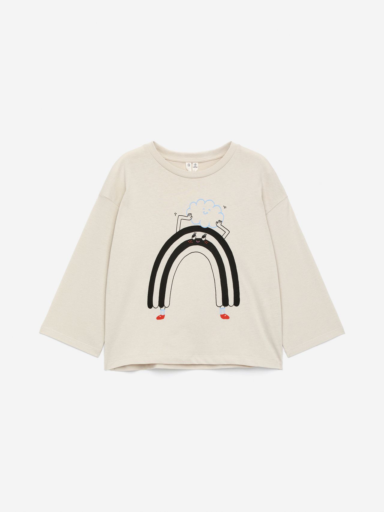 Kids' Beige long-sleeve shirt with a playful rainbow character design, featuring legs, shoes, and a cloud on top.