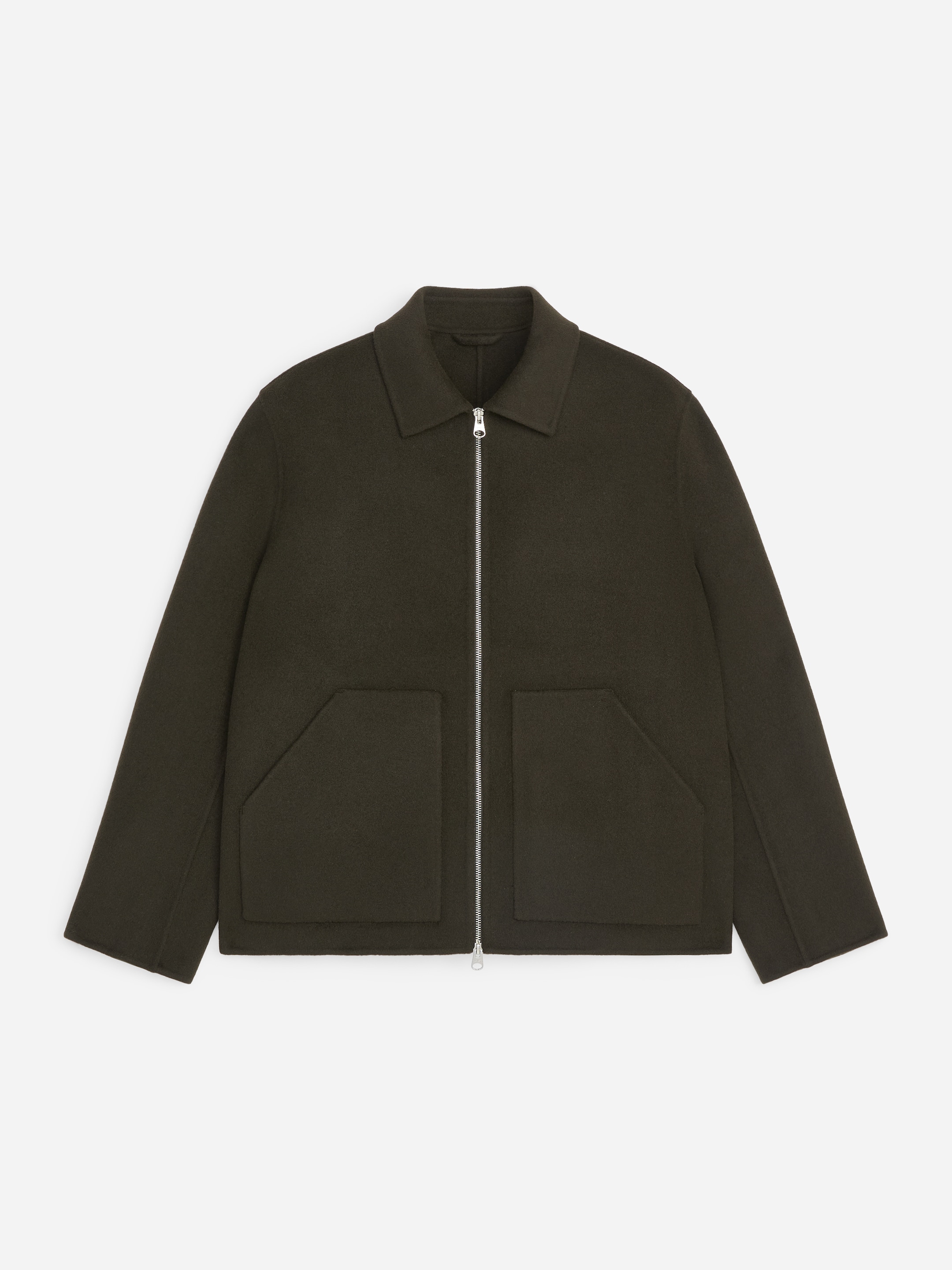 Dark green wool jacket with a front zipper and two large square pockets on the sides, featuring a classic collar.