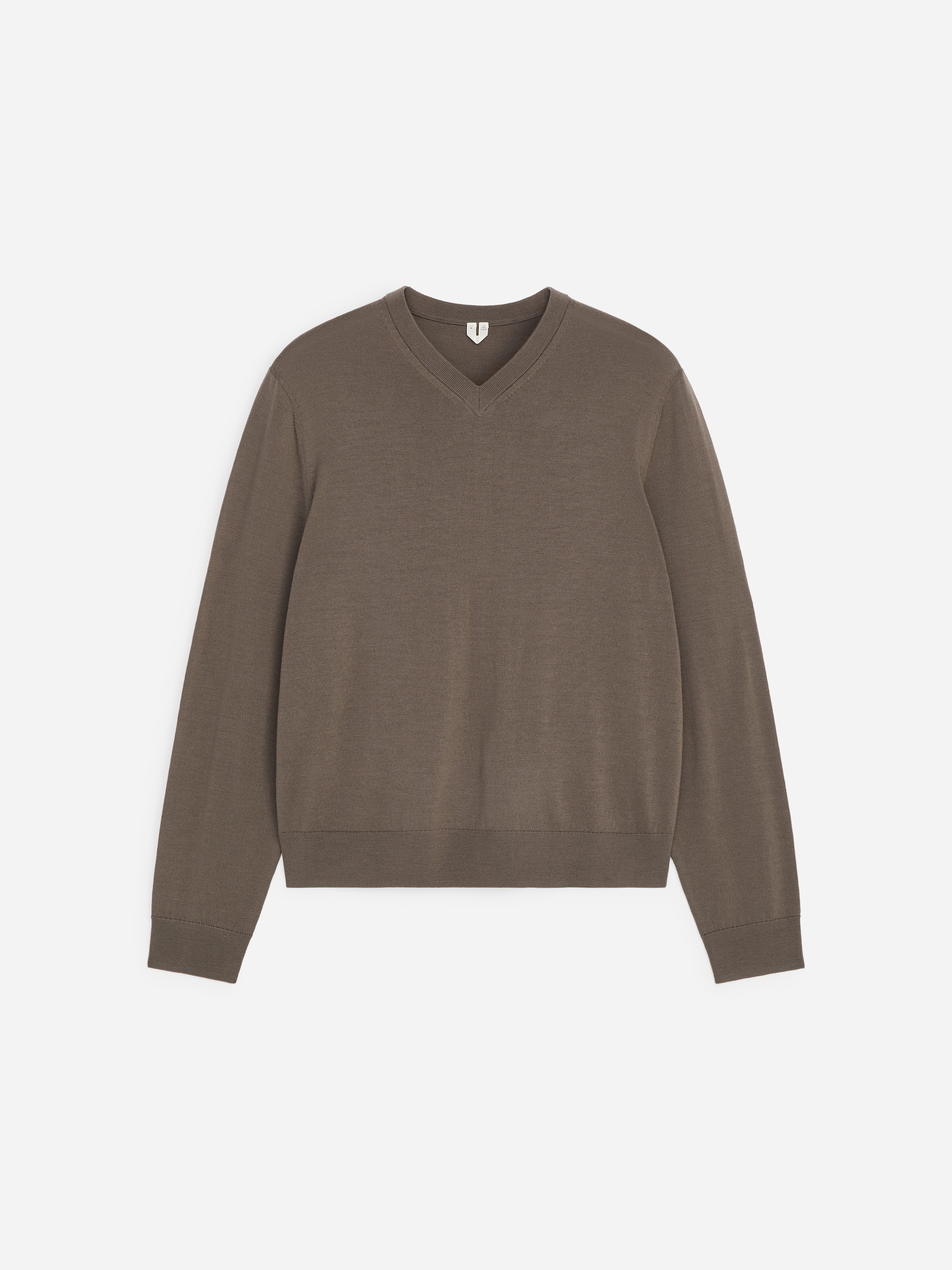 Brown V-neck sweater with long sleeves on a white background.