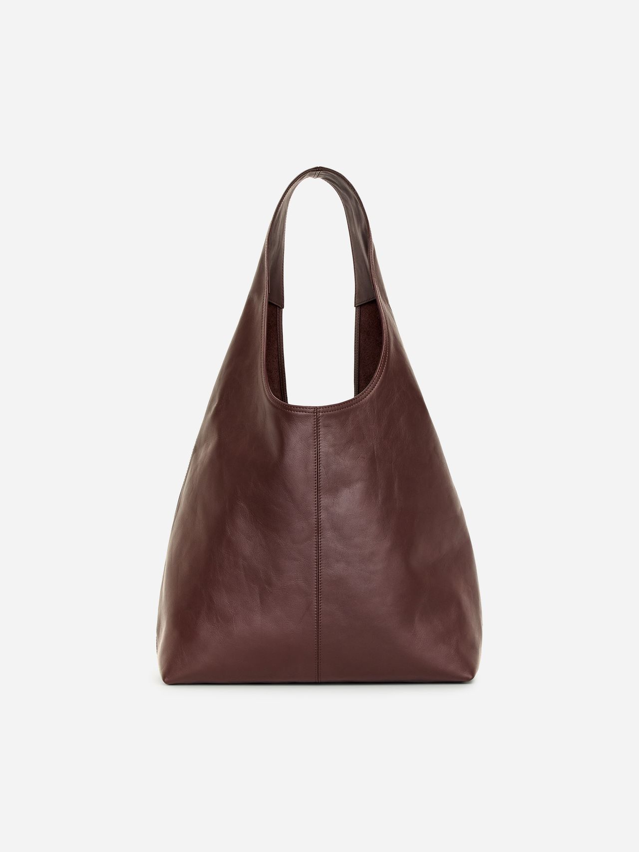 A sleek, brown leather hobo bag with a single wide strap and a minimalist design, set against a plain white background.