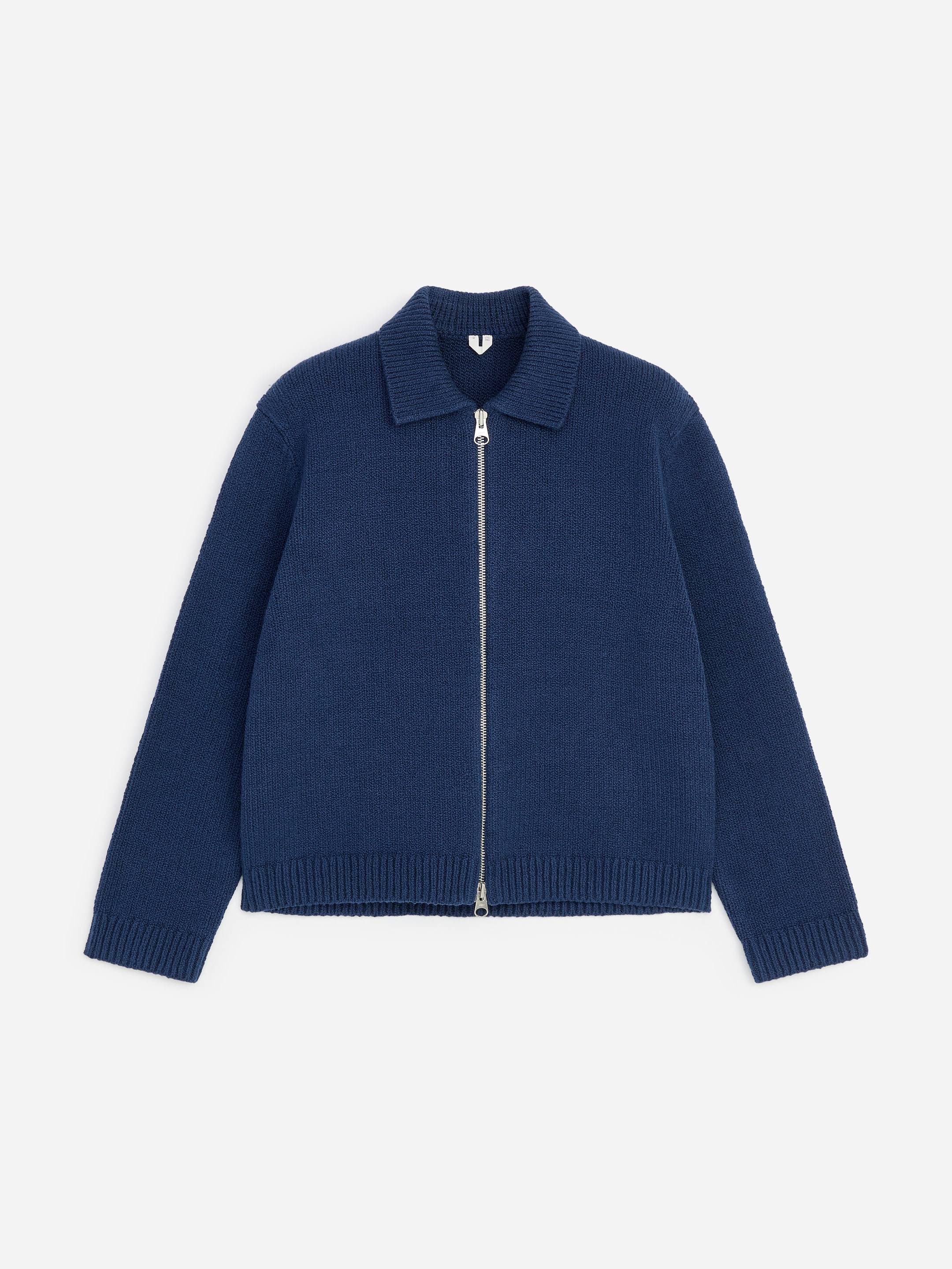 Blue zip-up wool jacket with a collar, ribbed cuffs, and hem on a plain white background.