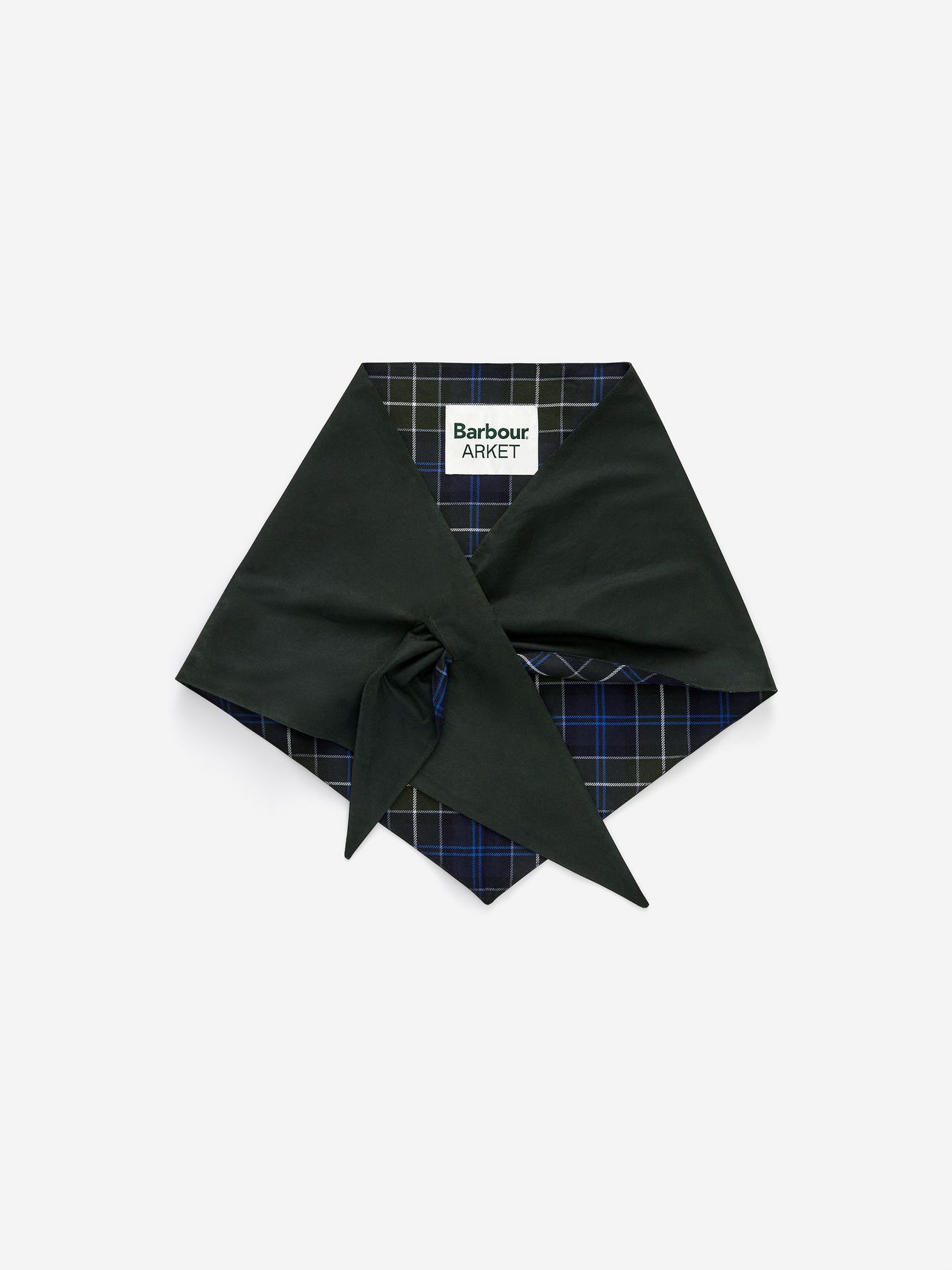 A folded black and blue plaid scarf with a large bow, featuring a Barbour ARKET label, on a white background.