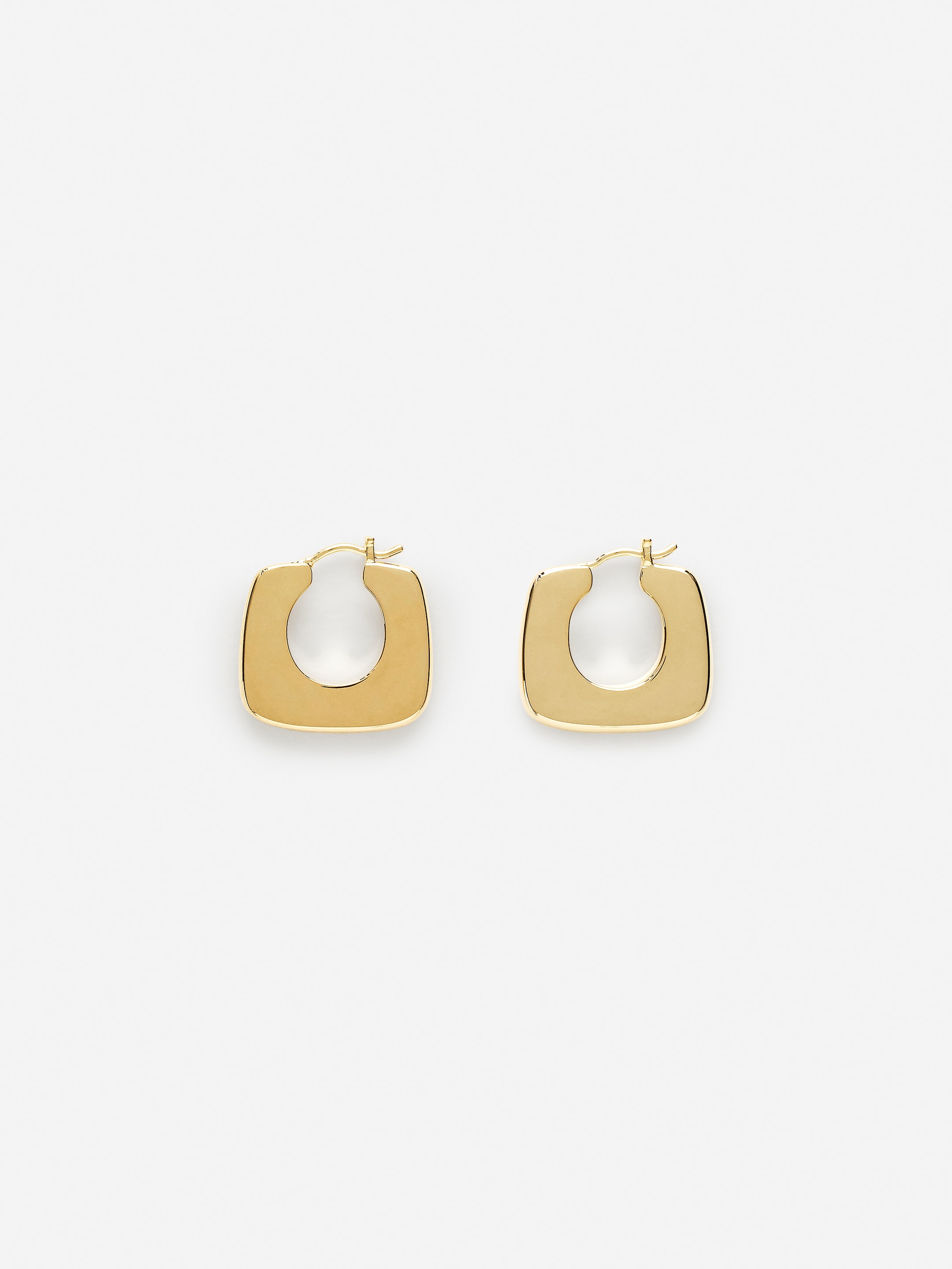 Gold square hoop earrings with a smooth finish, set against a plain white background.