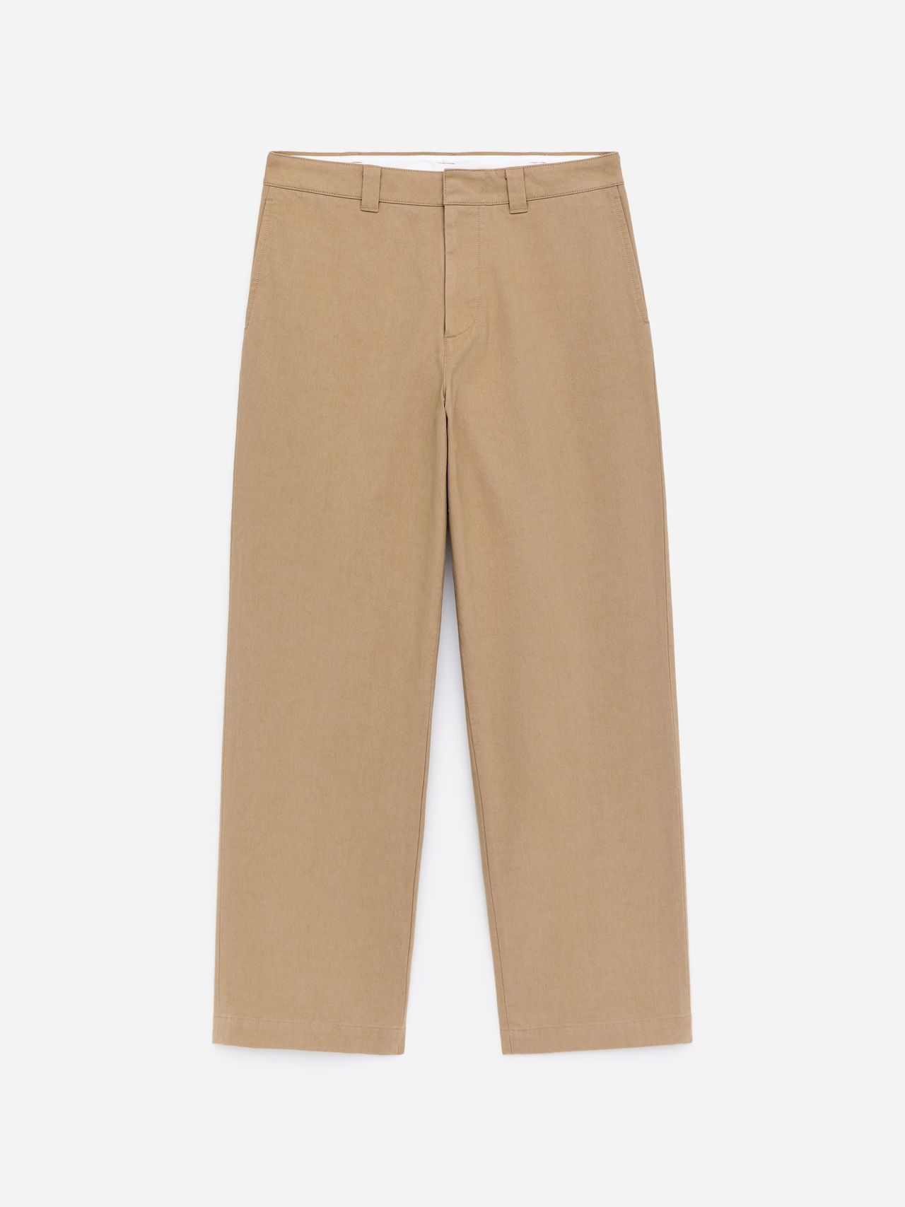 Beige wide-leg pants with belt loops, front zipper, and side pockets, laid flat on a white background.