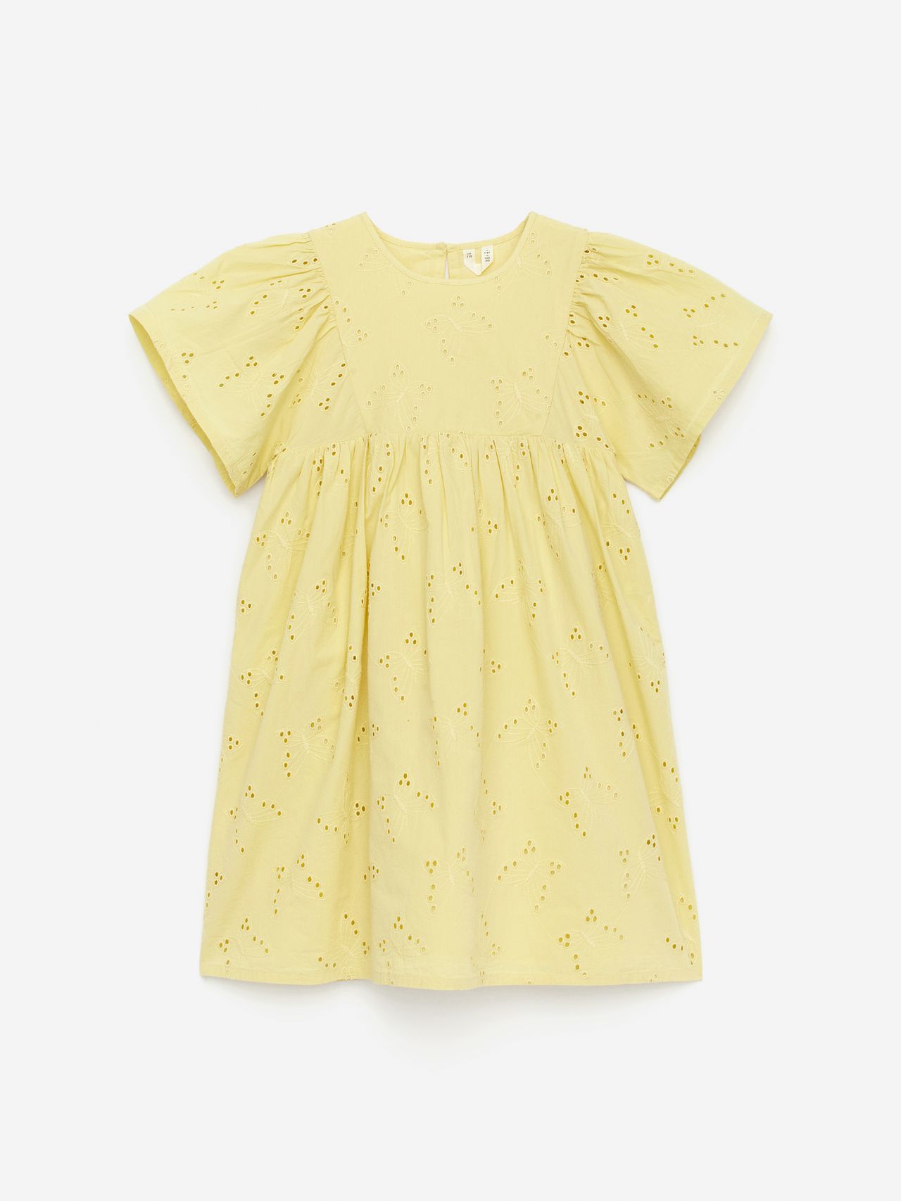 Yellow children's dress with short puff sleeves and floral embroidery, featuring a gathered waist and round neckline.