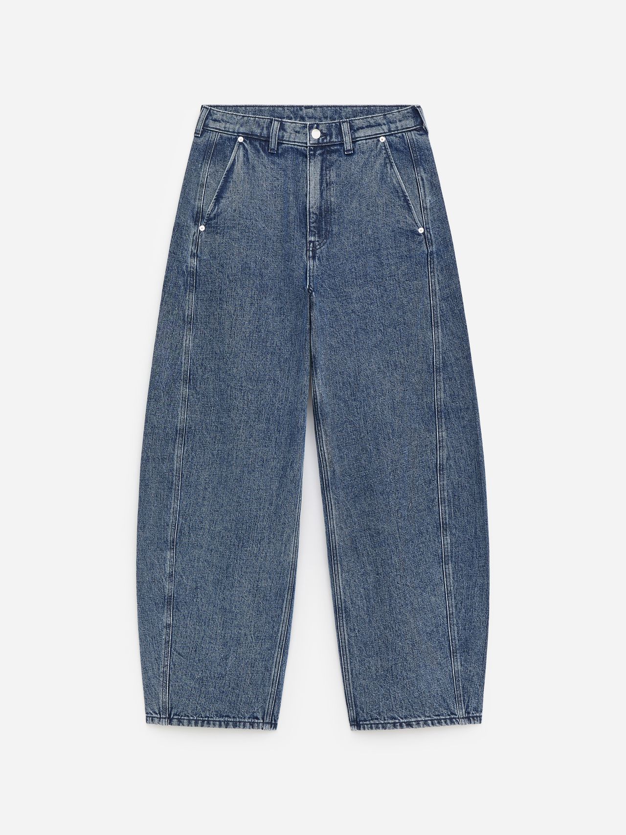 Wide-leg blue denim jeans with high waist, front pleats, and side pockets, laid flat on a white background.