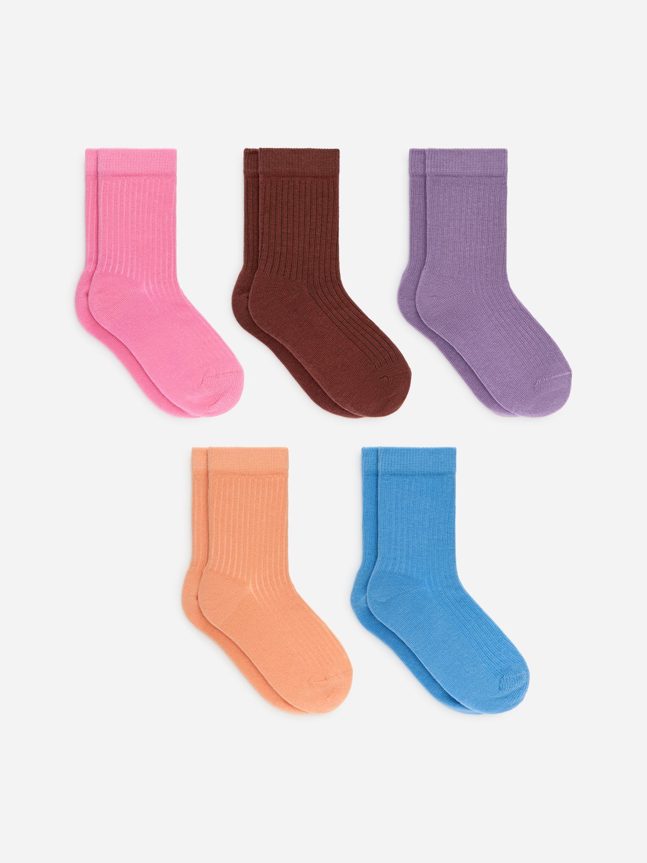 Five pairs of colorful socks arranged in a row: pink, brown, purple, orange, and blue, all against a white background.