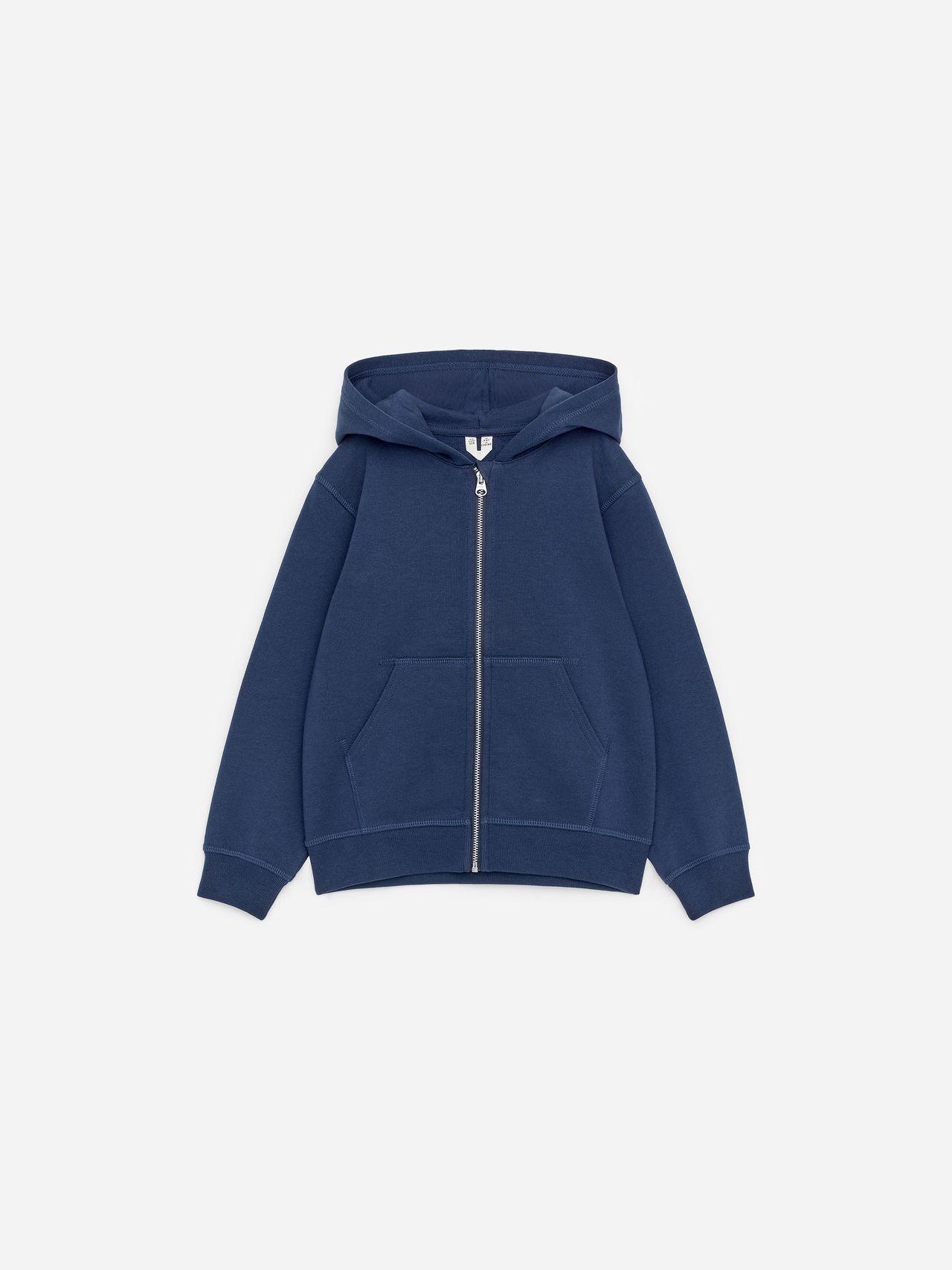 Navy blue zip-up hoodie with a hood, front pockets, and ribbed cuffs, displayed on a white background.
