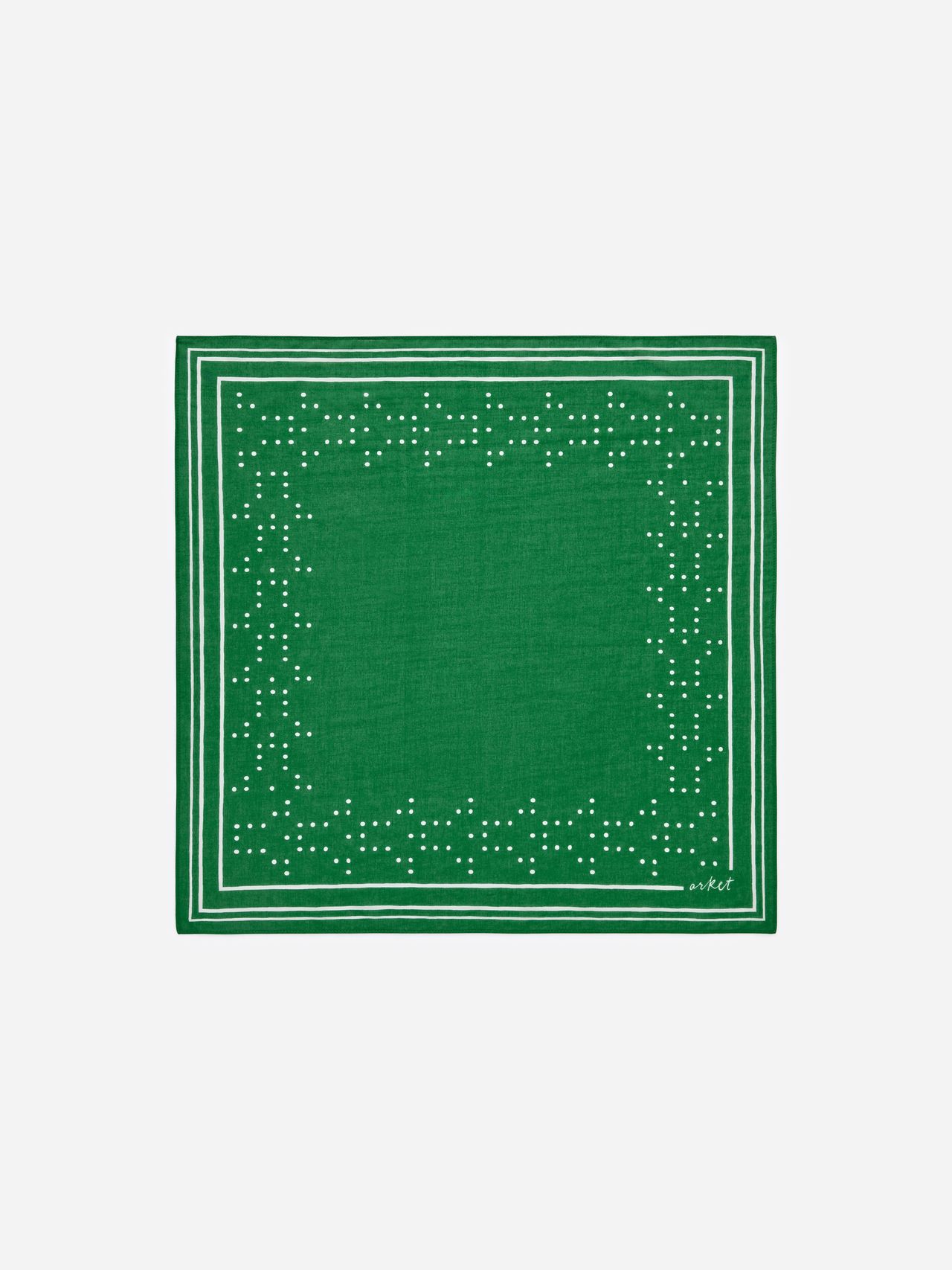 Green square bandana with a geometric dot pattern and multiple white borders. Signature in one corner.