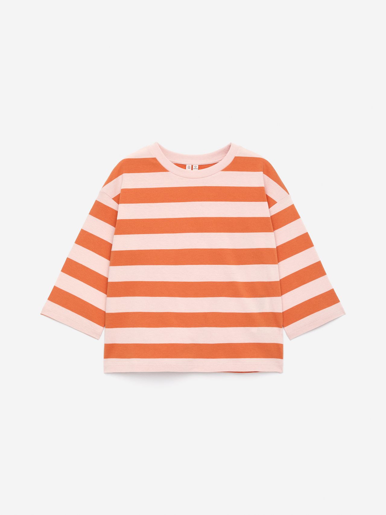Orange and pink striped long-sleeve shirt on a white background.