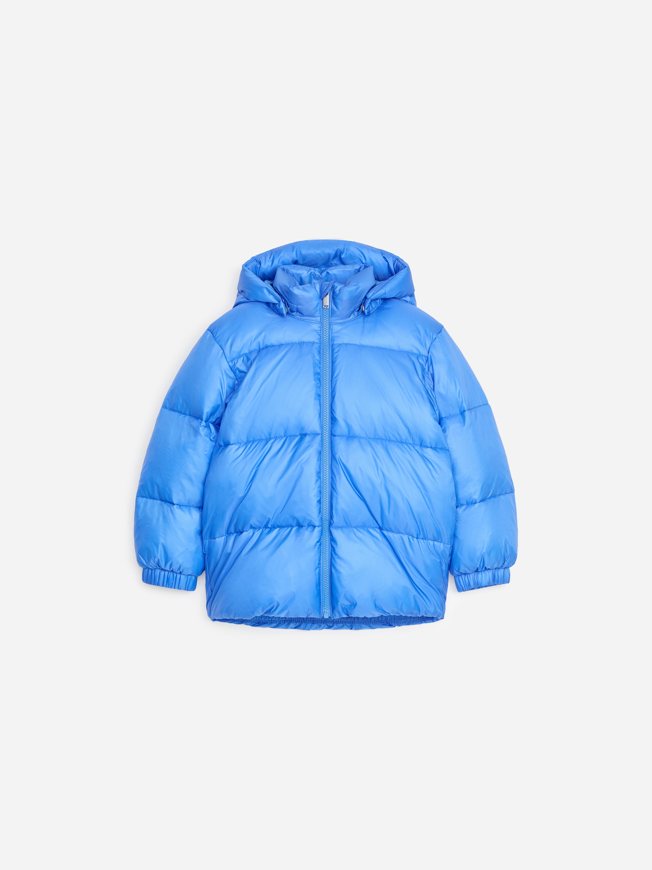 A bright blue puffer jacket with a hood, featuring a front zipper and elastic cuffs, displayed against a plain white background.