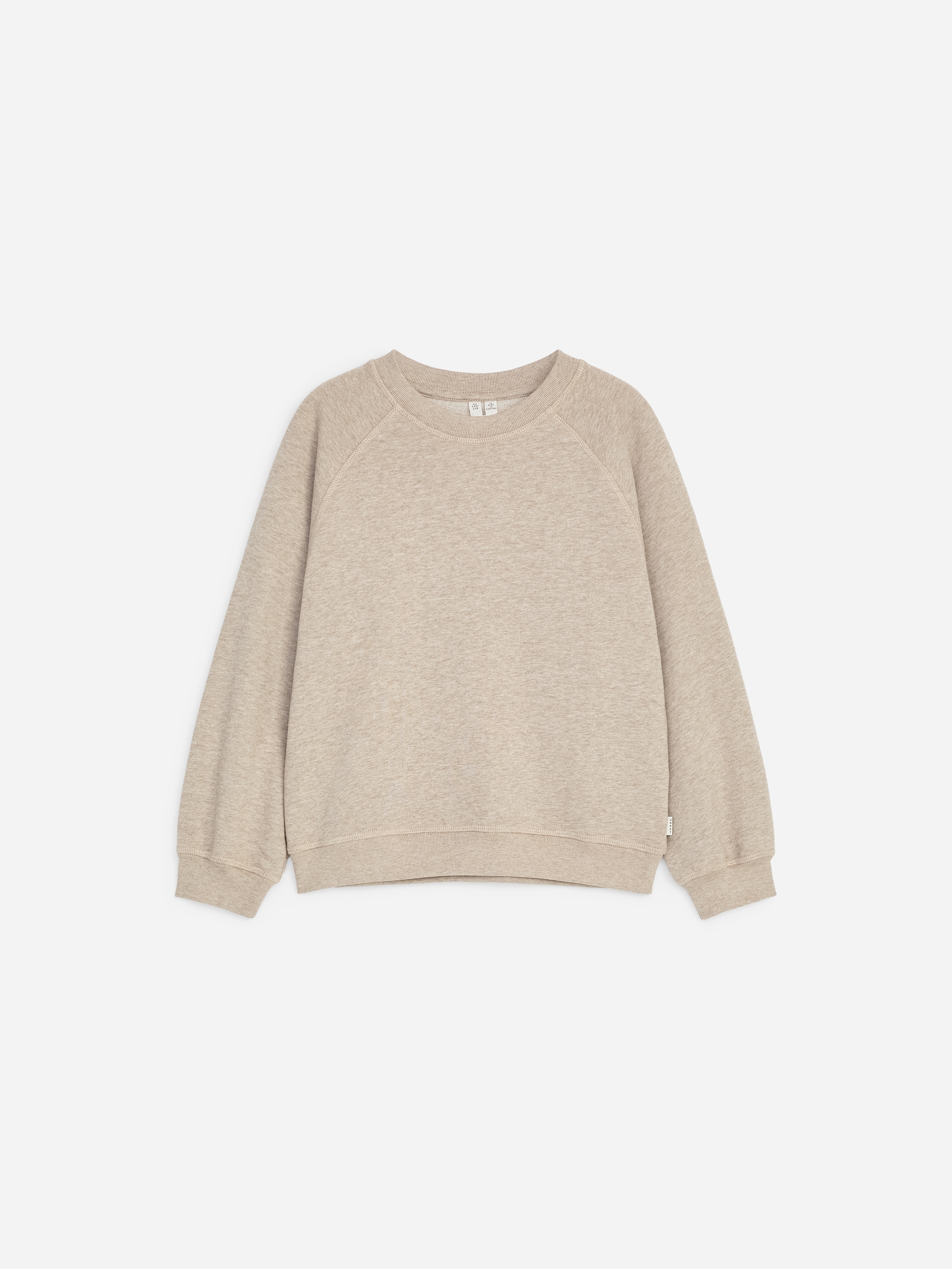 Beige crewneck sweatshirt with long sleeves and ribbed cuffs, displayed on a white background.