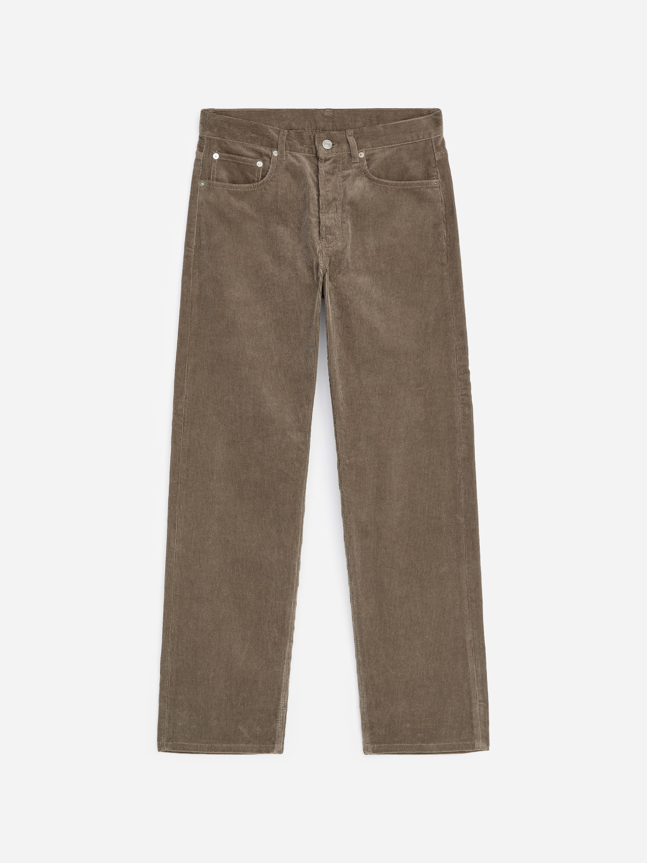 Brown corduroy pants with a straight fit, featuring a classic five-pocket design and a button closure, laid flat on a white background.