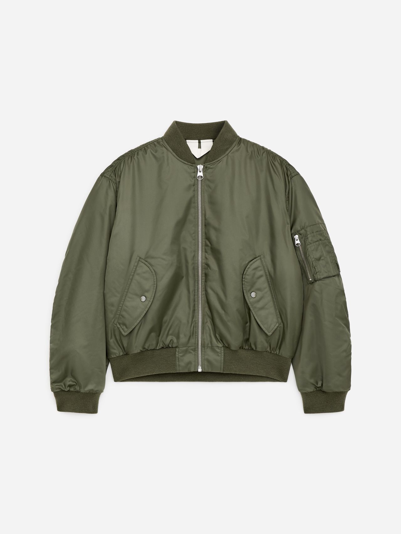 Olive green bomber jacket with ribbed cuffs and hem, front zipper, and two buttoned pockets.