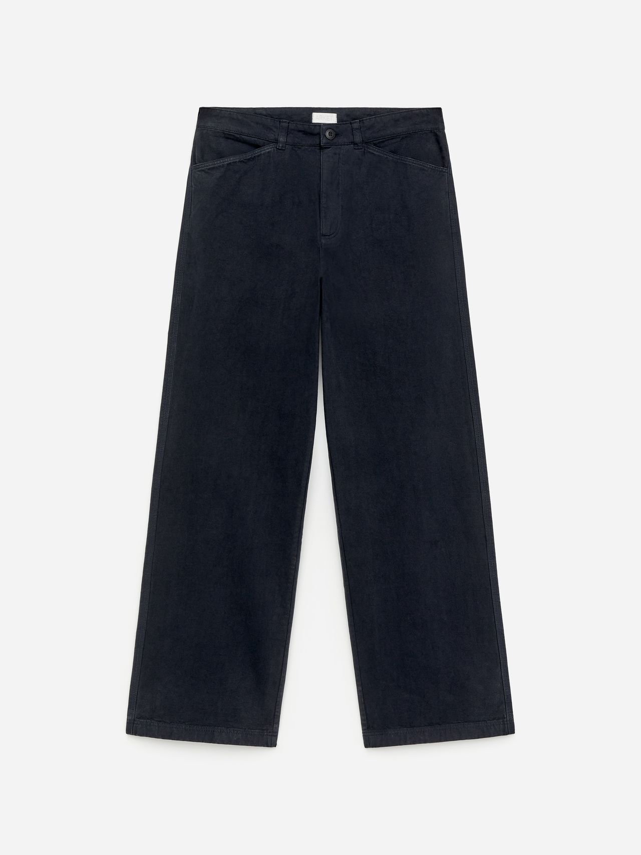 Wide-leg black trousers with a high waist, button and zipper closure, and two front pockets, displayed against a plain white background.