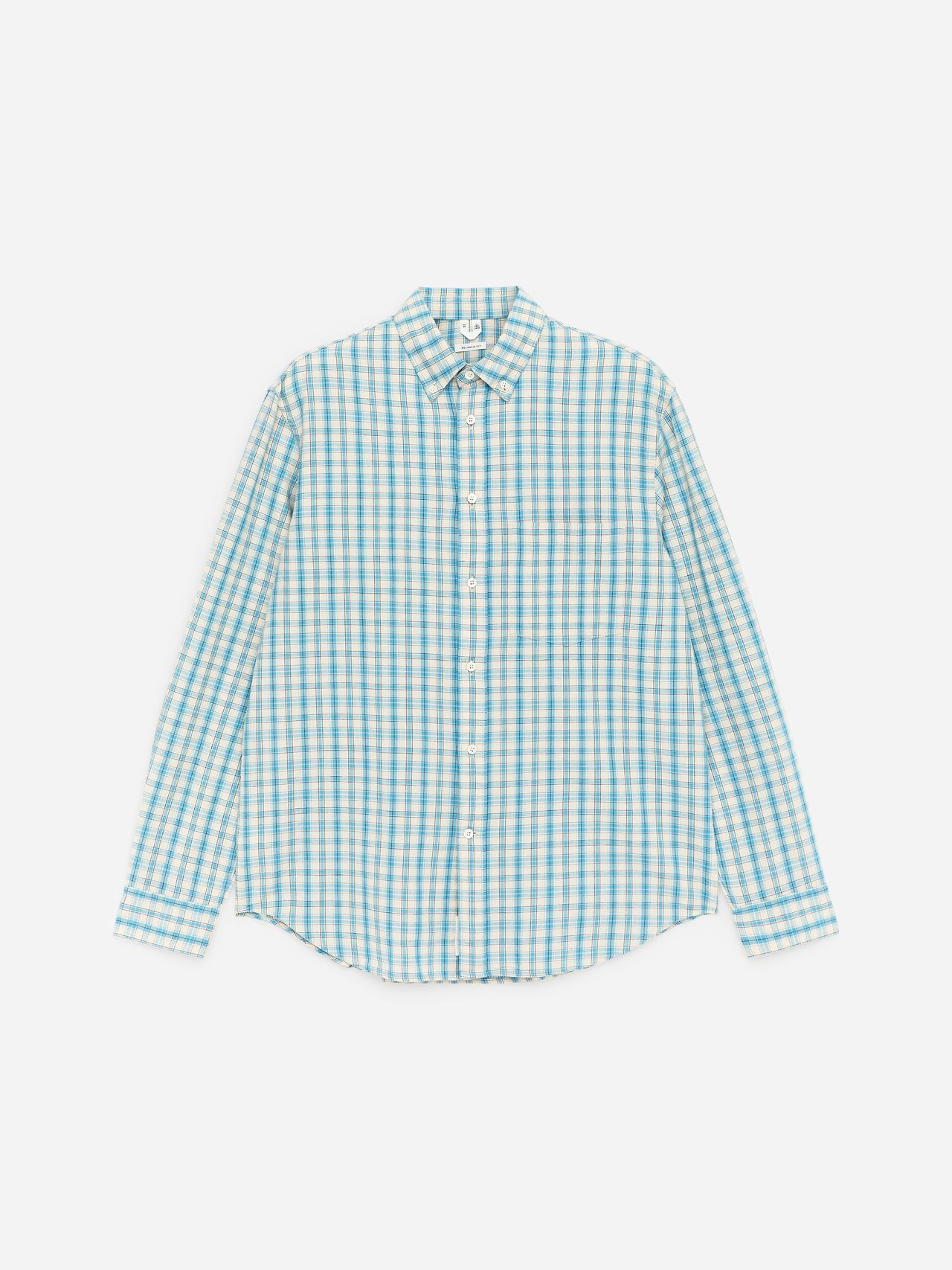 Blue and white checkered long-sleeve shirt with buttons down the front, spread collar, and rounded hem, displayed on a plain background.