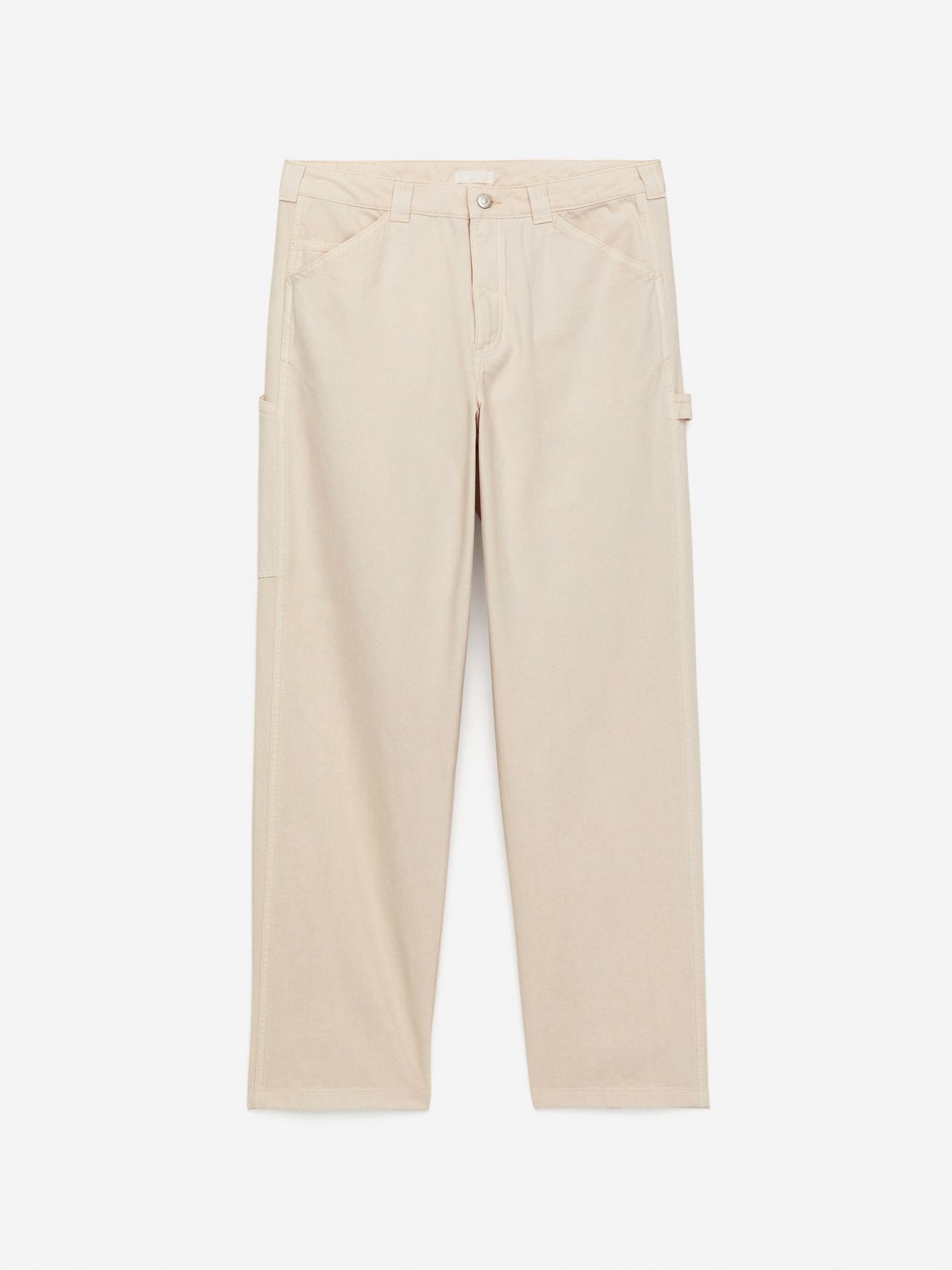 Beige straight-leg pants with side pockets and belt loops, displayed on a white background.