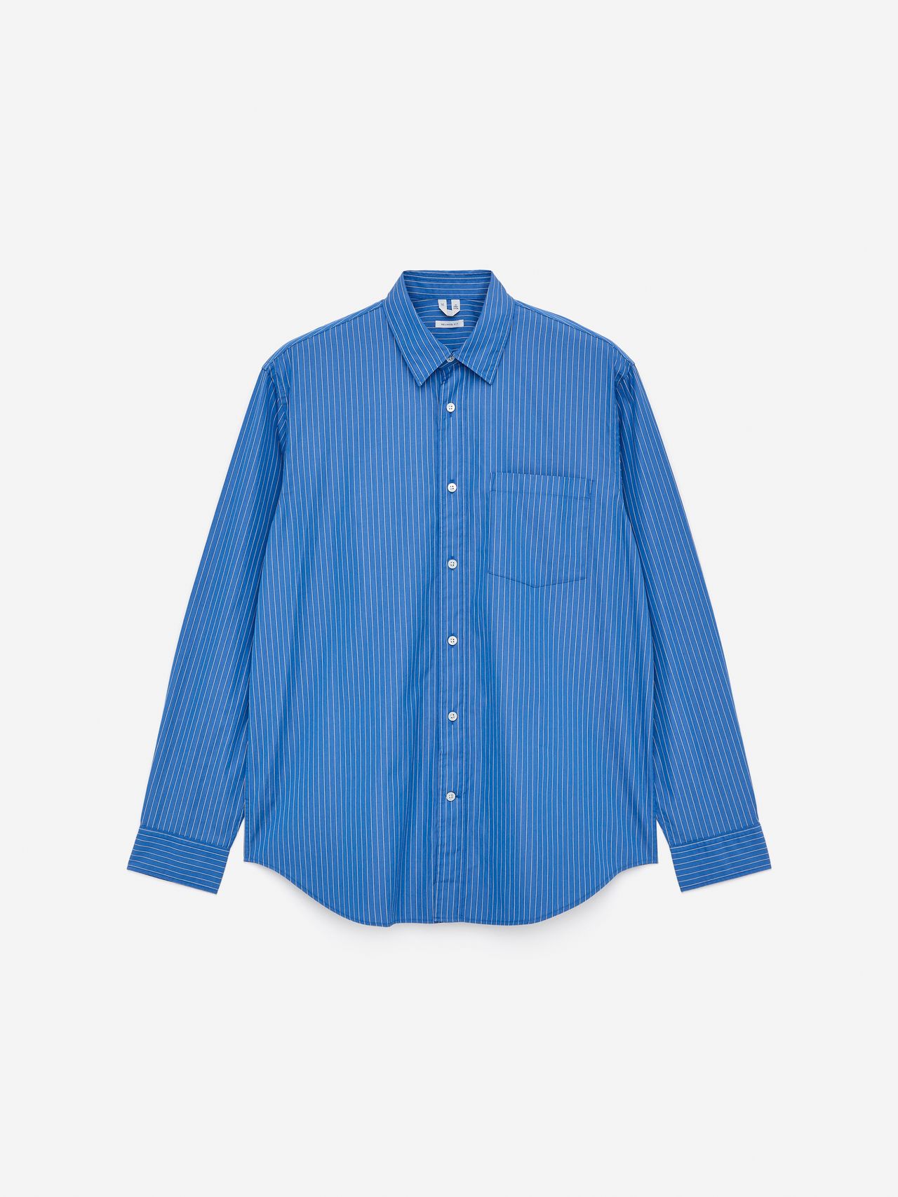 Blue pinstripe button-up shirt with a collar and a chest pocket, displayed on a plain white background.