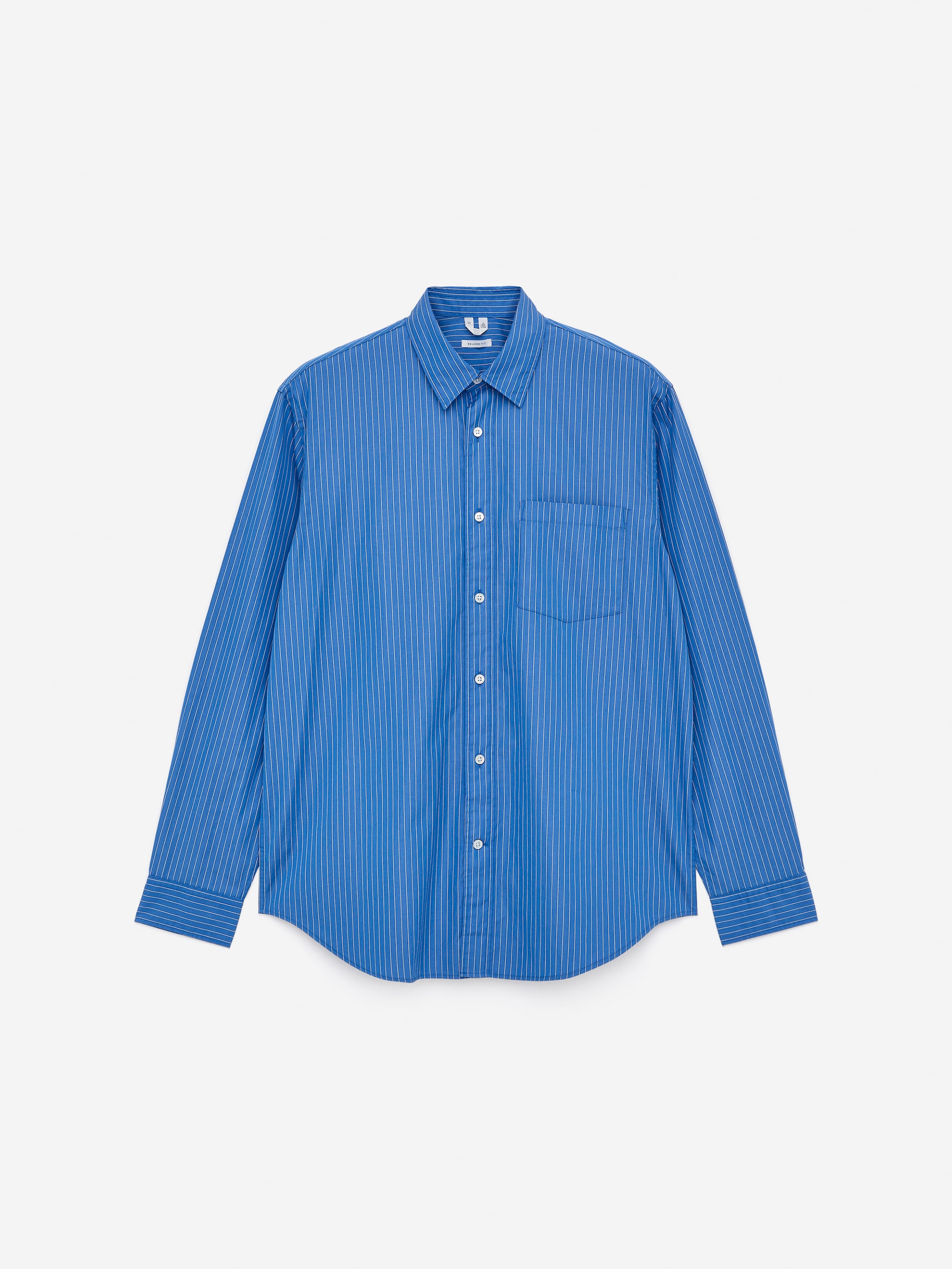 Blue pinstripe button-up shirt with a collar and a chest pocket, displayed on a plain white background.