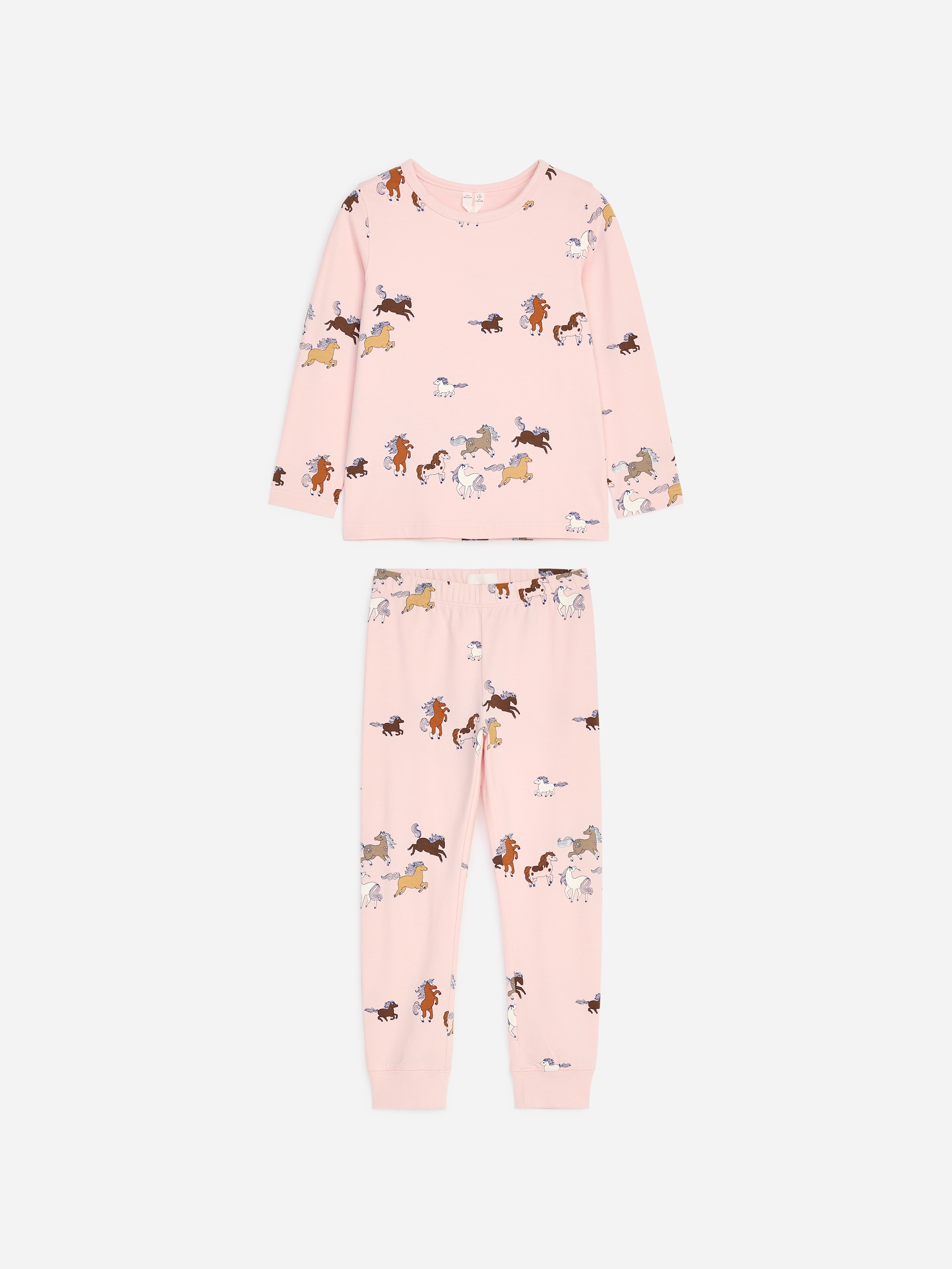 Pink children's pajama set with a long-sleeve top and pants, featuring colorful horse illustrations.