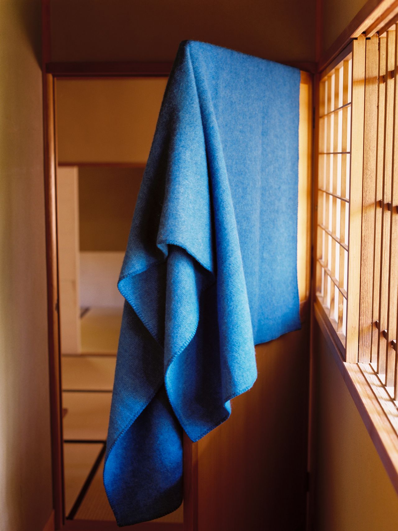 A blue blanket hangs over a wooden door in a warmly lit room with traditional Japanese decor and tatami mats.