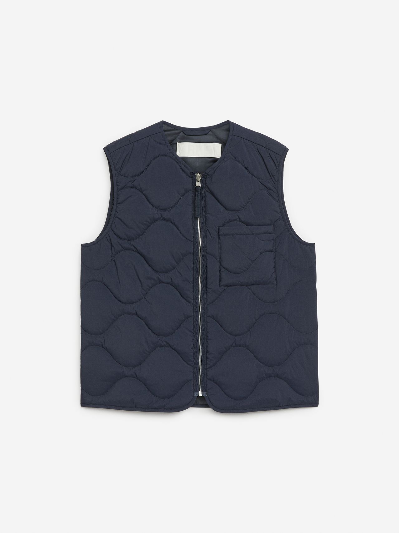 Sleeveless navy quilted vest with a front zipper and small chest pocket on a white background.