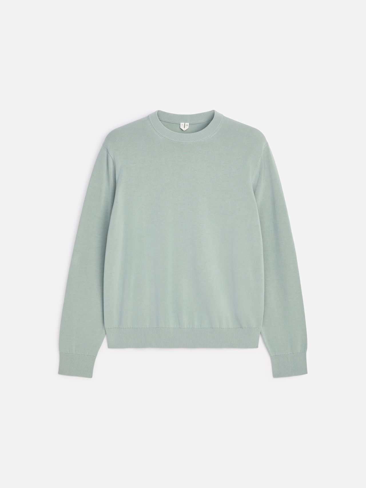 Light green crew neck sweater with long sleeves, displayed on a plain white background.