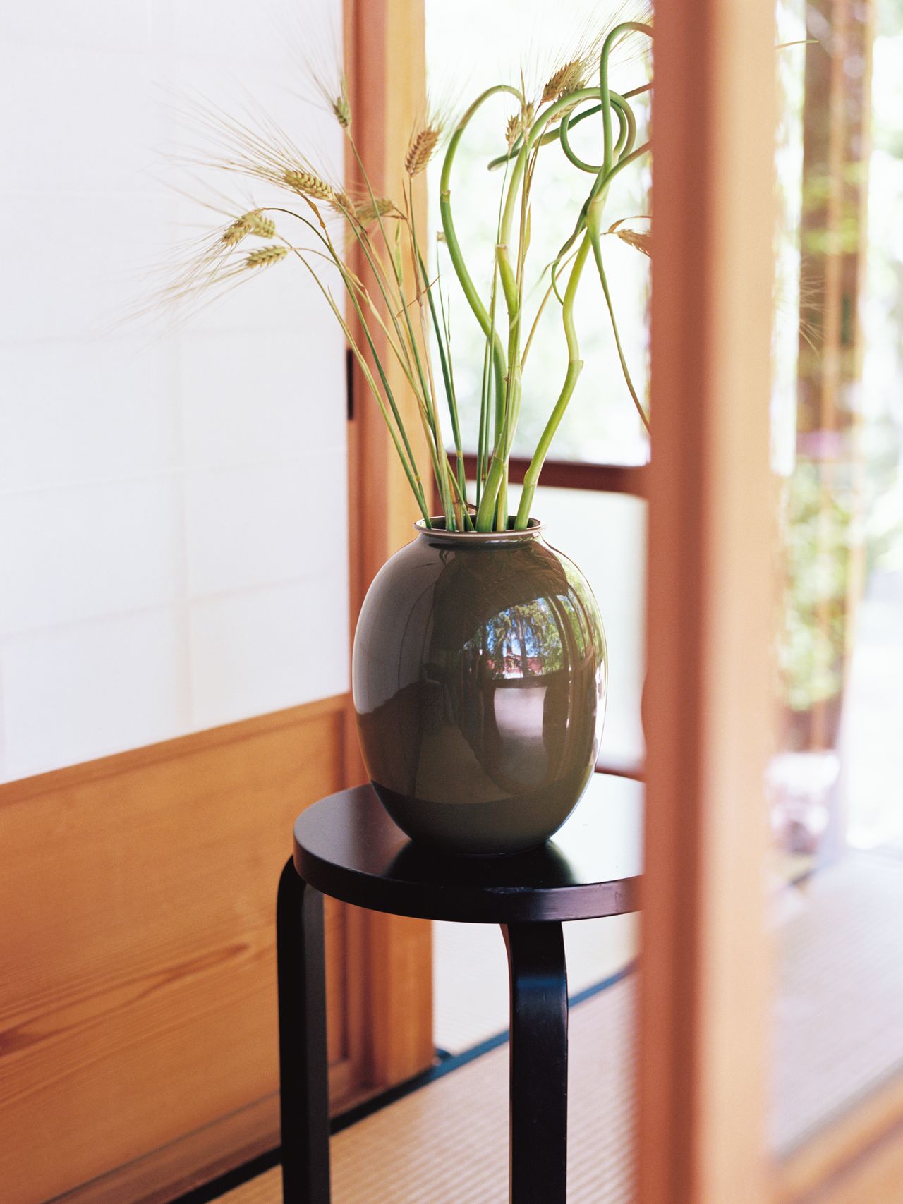 A round, dark green vase with tall, curly plants sits on a black stool in a sunlit room with wooden sliding doors.