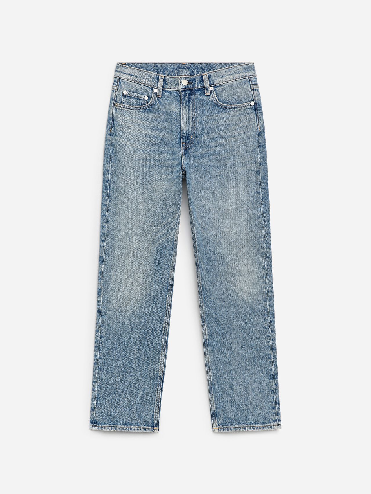 A pair of light blue straight-leg jeans with a classic five-pocket design, displayed against a plain white background.