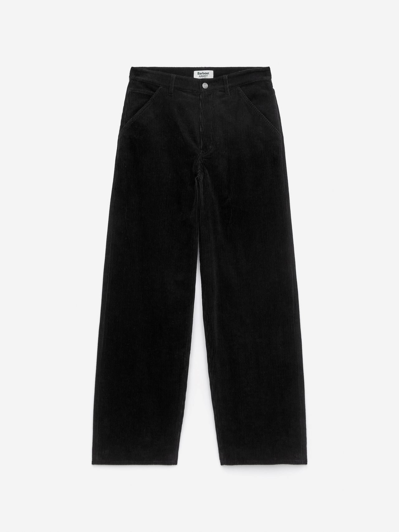 Black corduroy pants with a wide-leg design, front button, and zip closure, displayed on a plain white background.