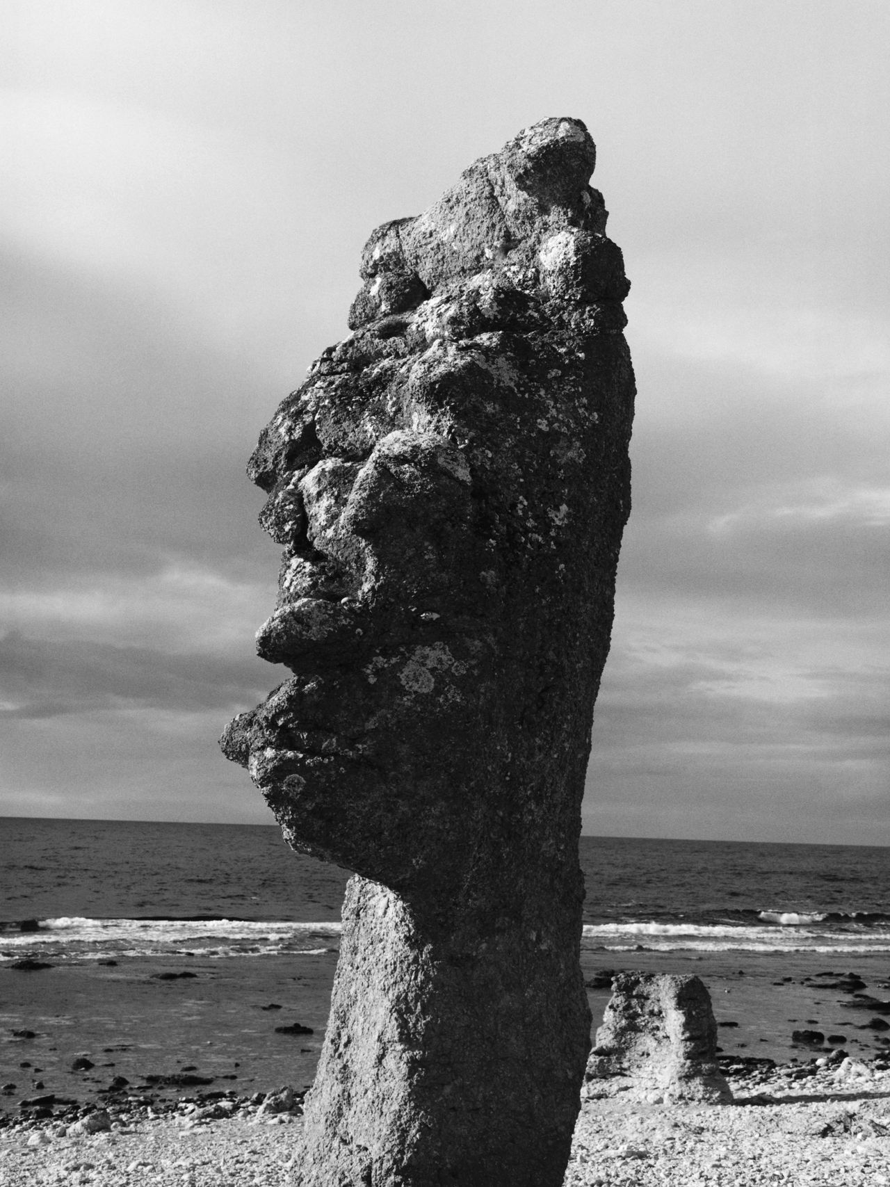 Tall, weathered rock formation resembling a face, standing on a rocky beach with the ocean and cloudy sky in the background.