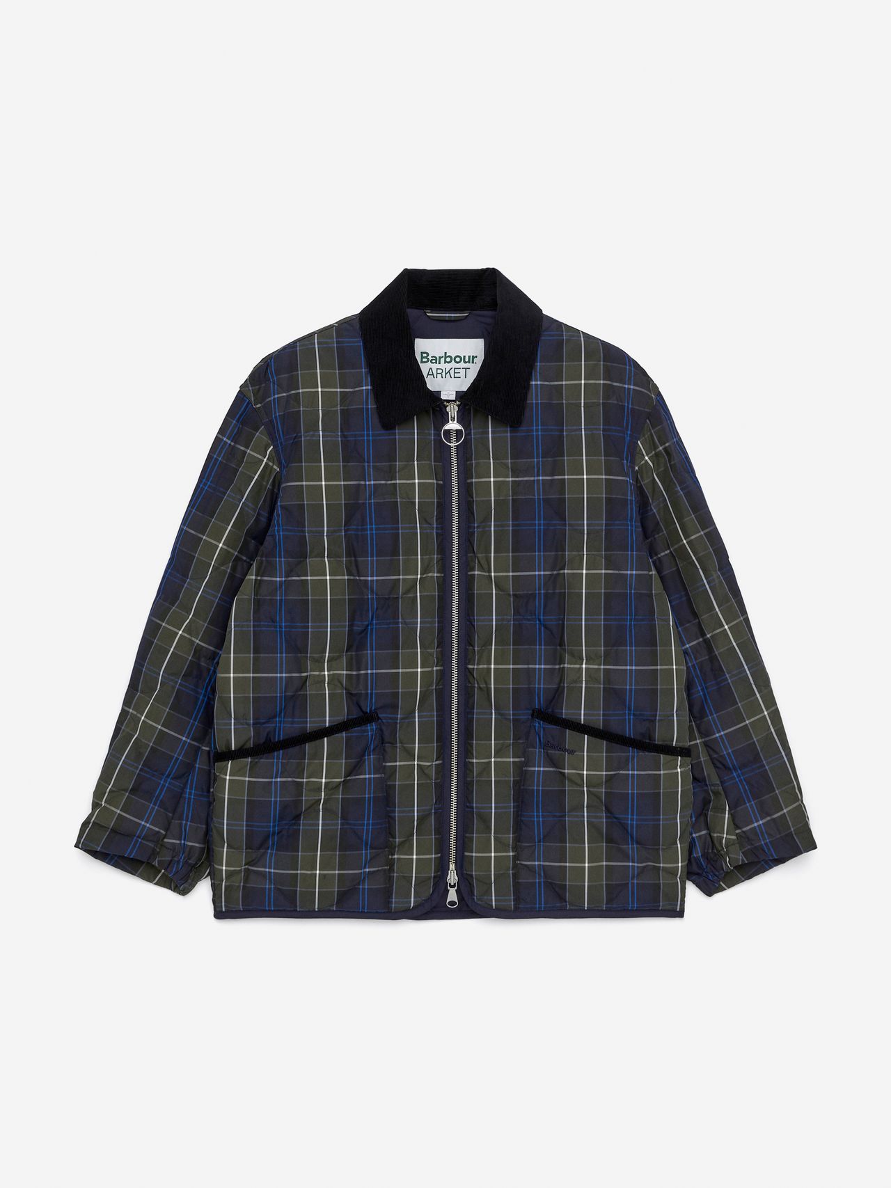 A quilted jacket with a green and blue plaid pattern, black collar, and front zipper, displayed on a plain white background.