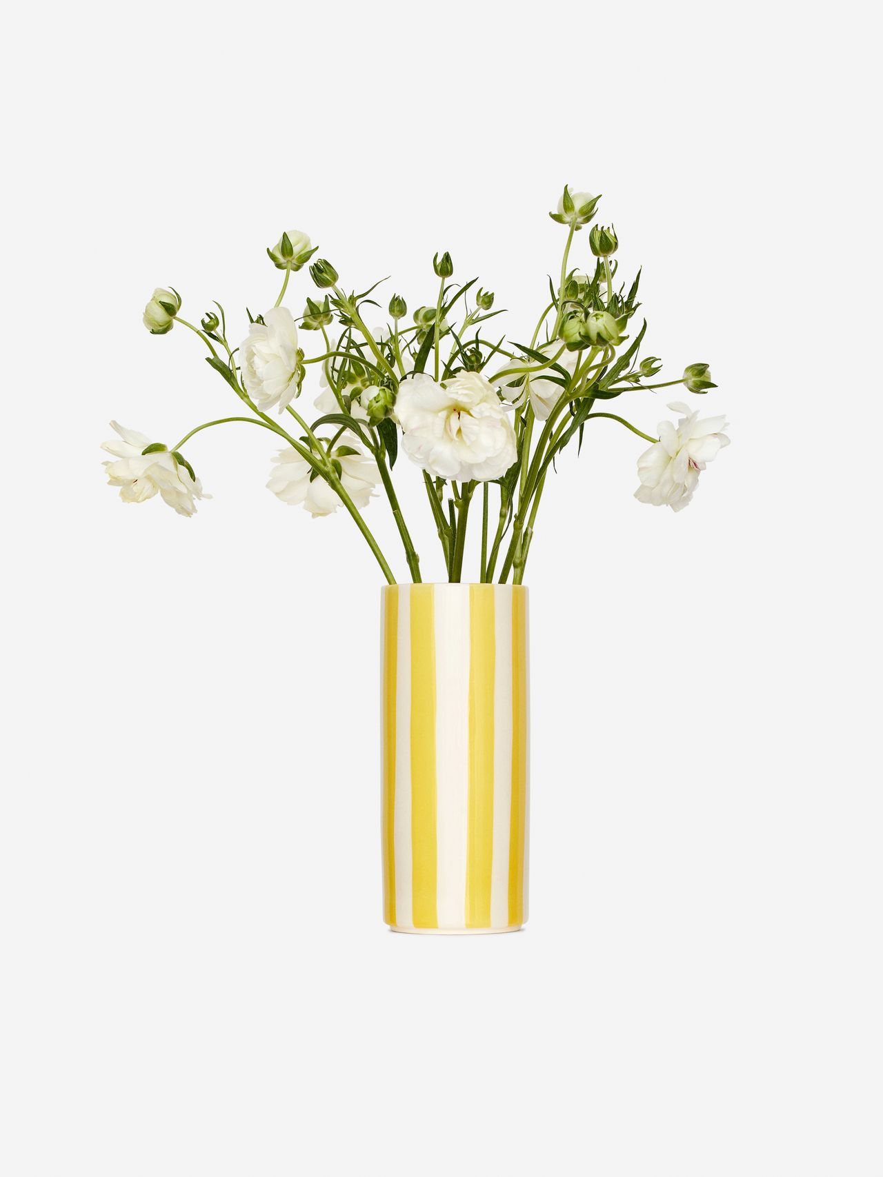 White flowers in a tall, yellow-striped vase against a plain white background.