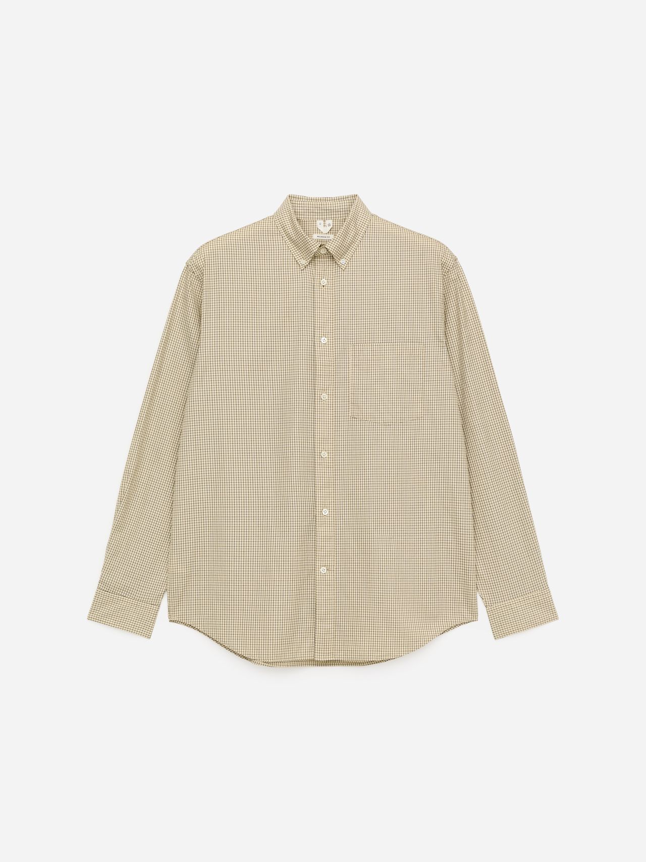 Beige and white gingham checkered button-up shirt with a collar and long sleeves, displayed on a plain white background.