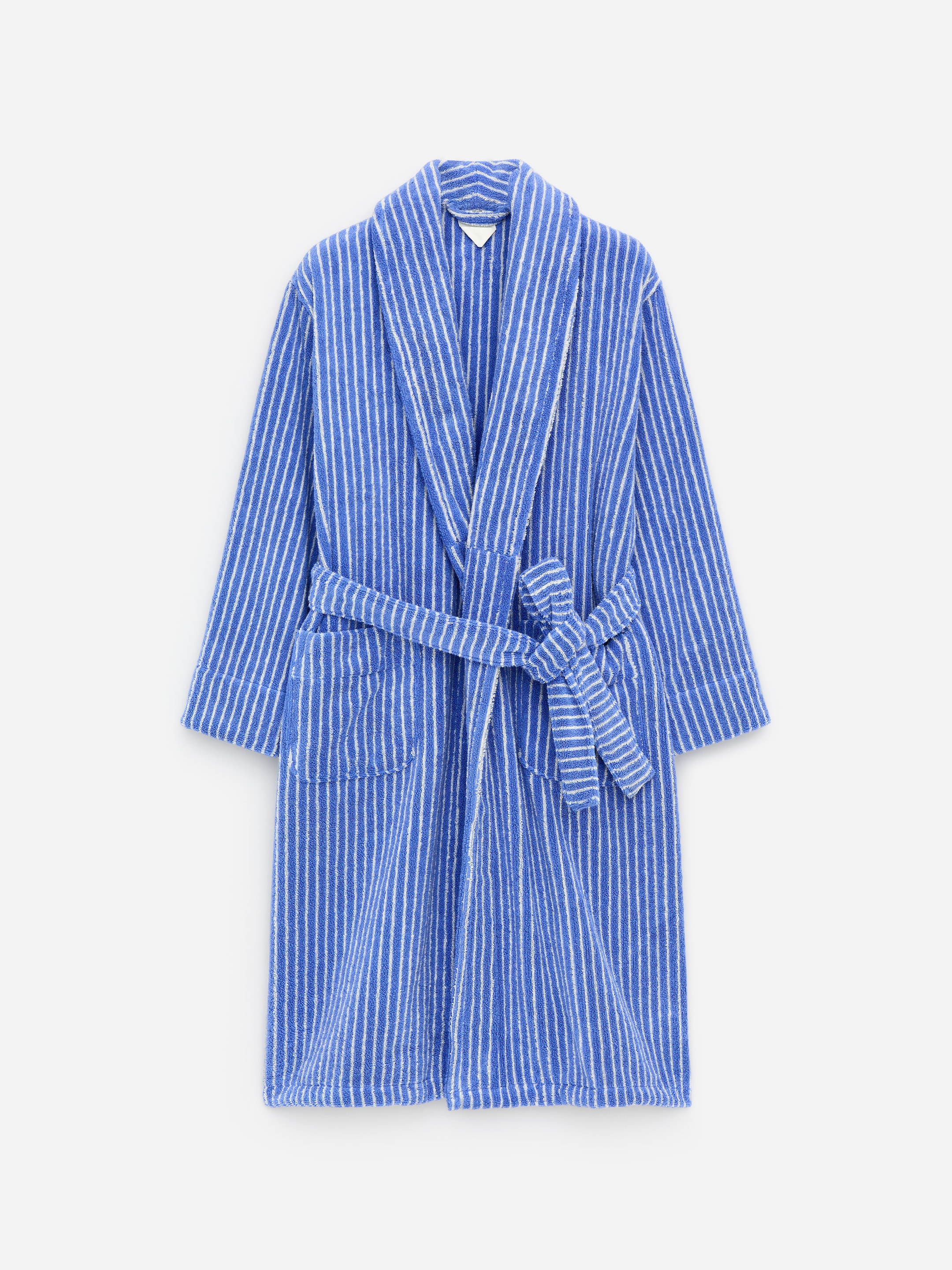 Blue and white striped bathrobe with shawl collar, belt, and two front pockets, displayed against a plain white background.