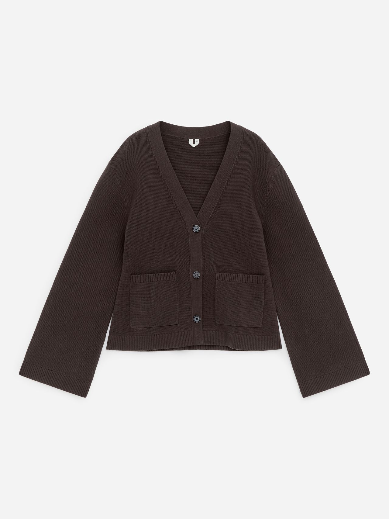 Dark brown cardigan with a V-neck, button closure, two front pockets, and long sleeves, displayed against a white background.