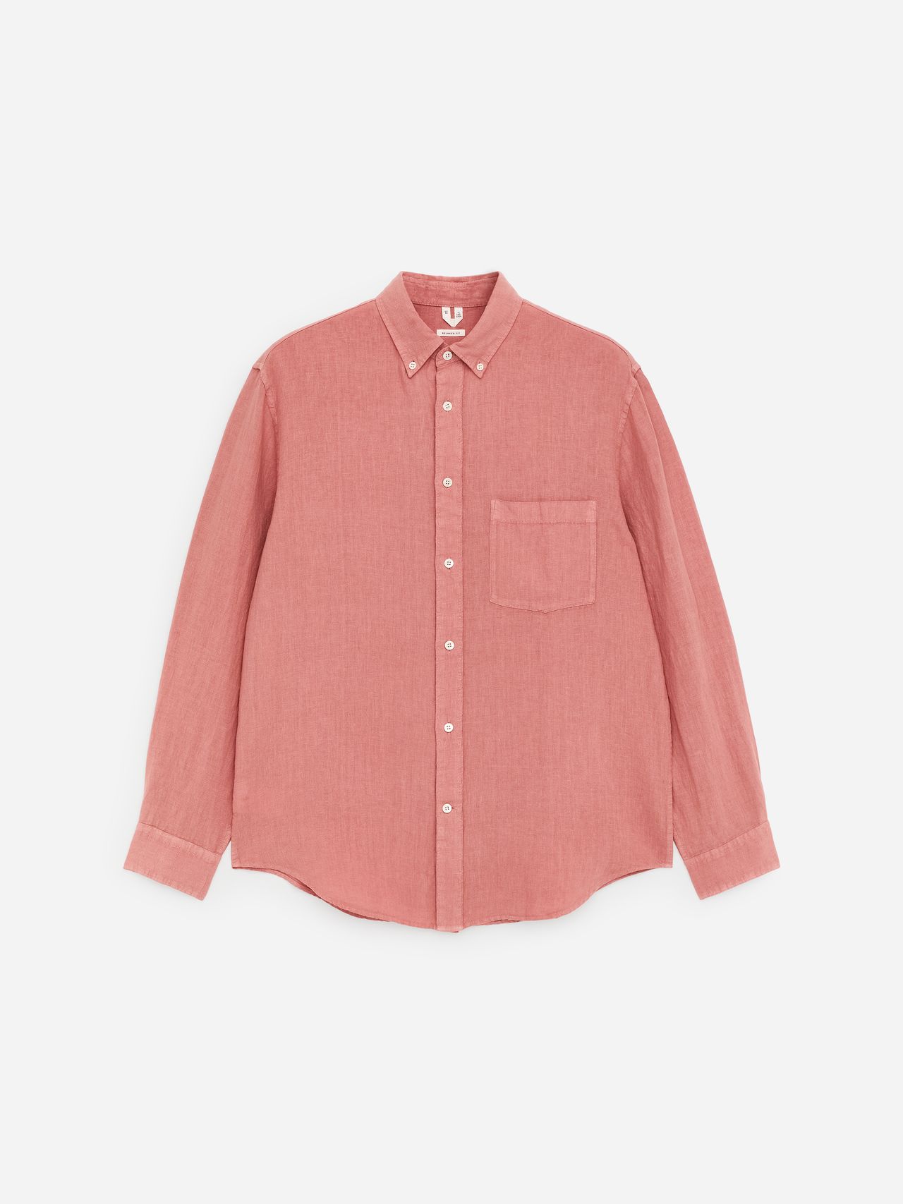 A long-sleeve, pink button-up shirt with a single chest pocket, displayed on a white background.