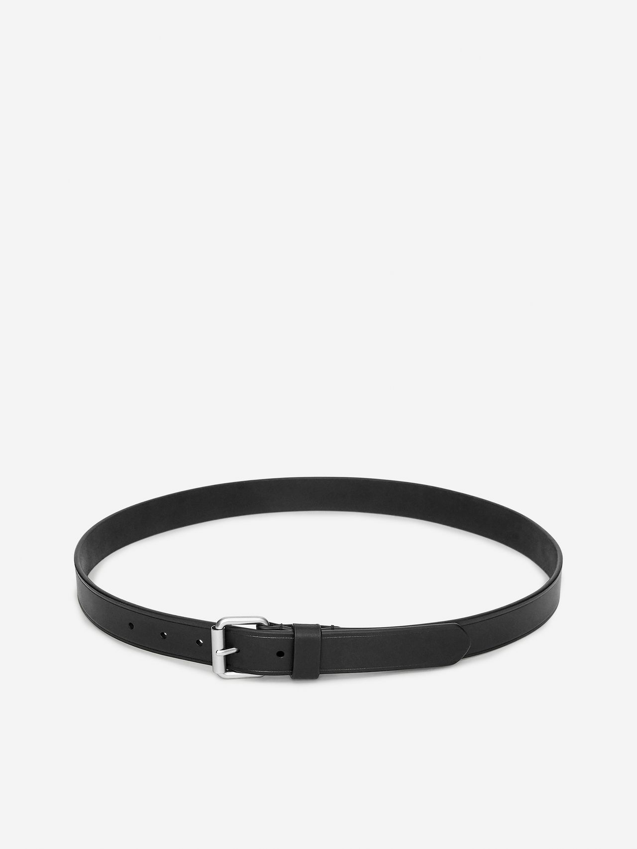 Black leather belt with a silver buckle and multiple holes, displayed in a circular shape against a plain white background.