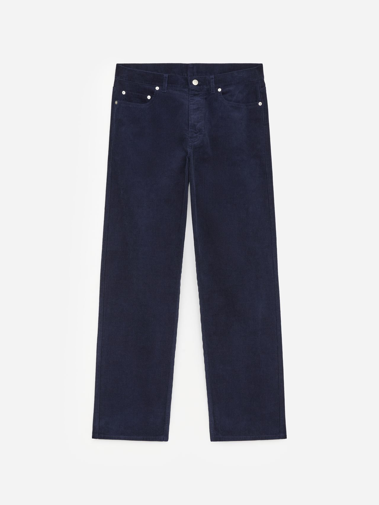 Dark blue corduroy pants with a straight-leg design, featuring front pockets and silver button details, displayed on a plain white background.