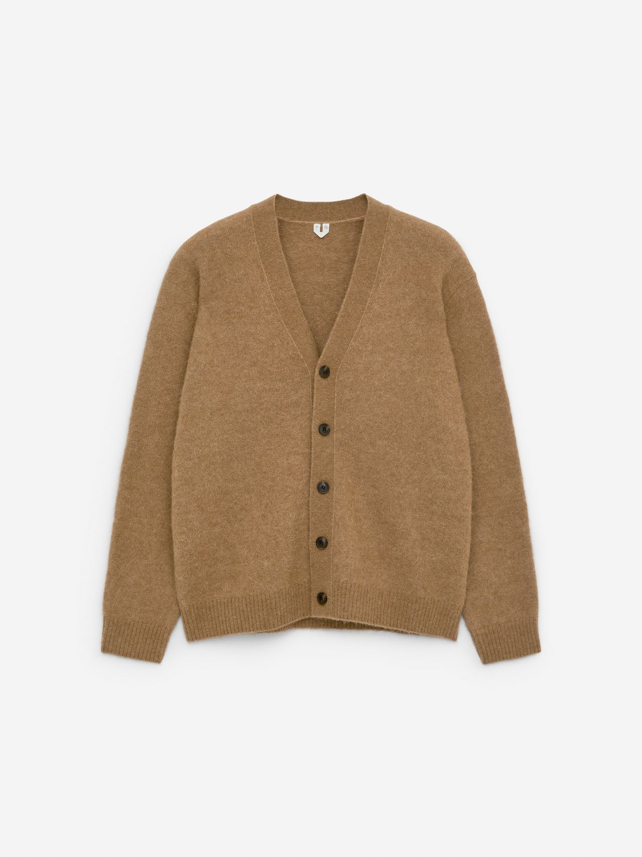Brown wool cardigan with a V-neck and button closure, displayed on a white background.