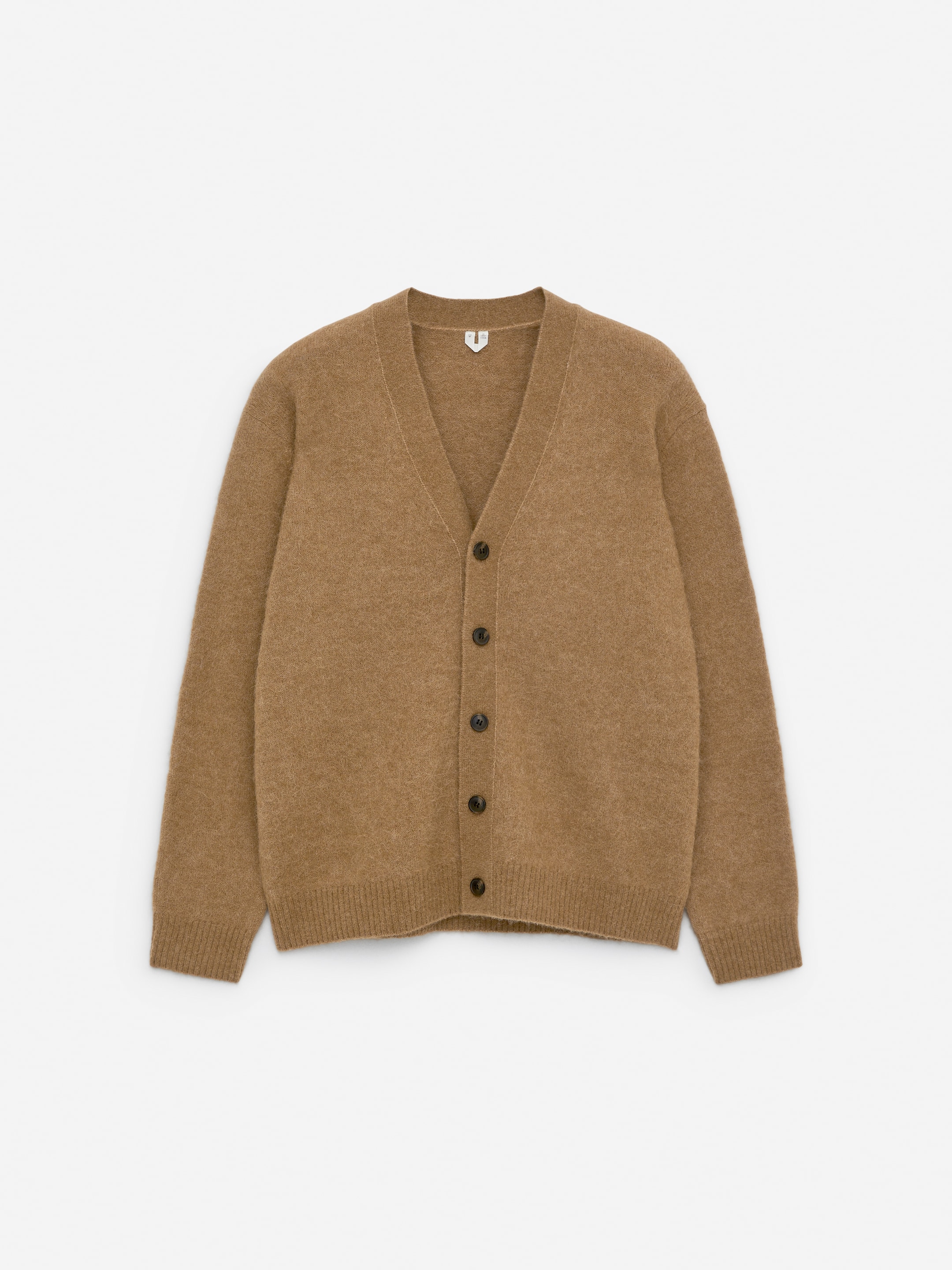 Brown wool cardigan with a V-neck and button closure, displayed on a white background.