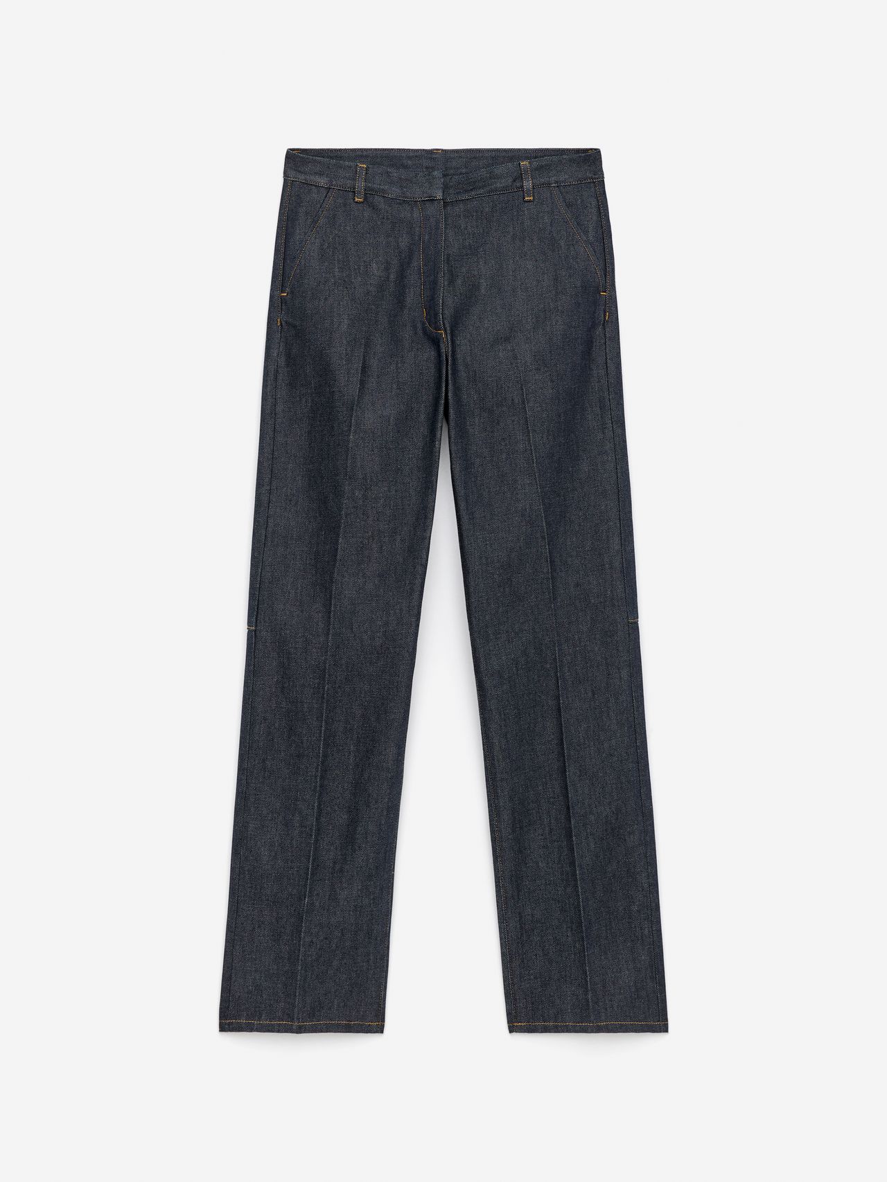 Dark blue denim jeans with straight legs, belt loops, and subtle stitching, laid flat on a white background.