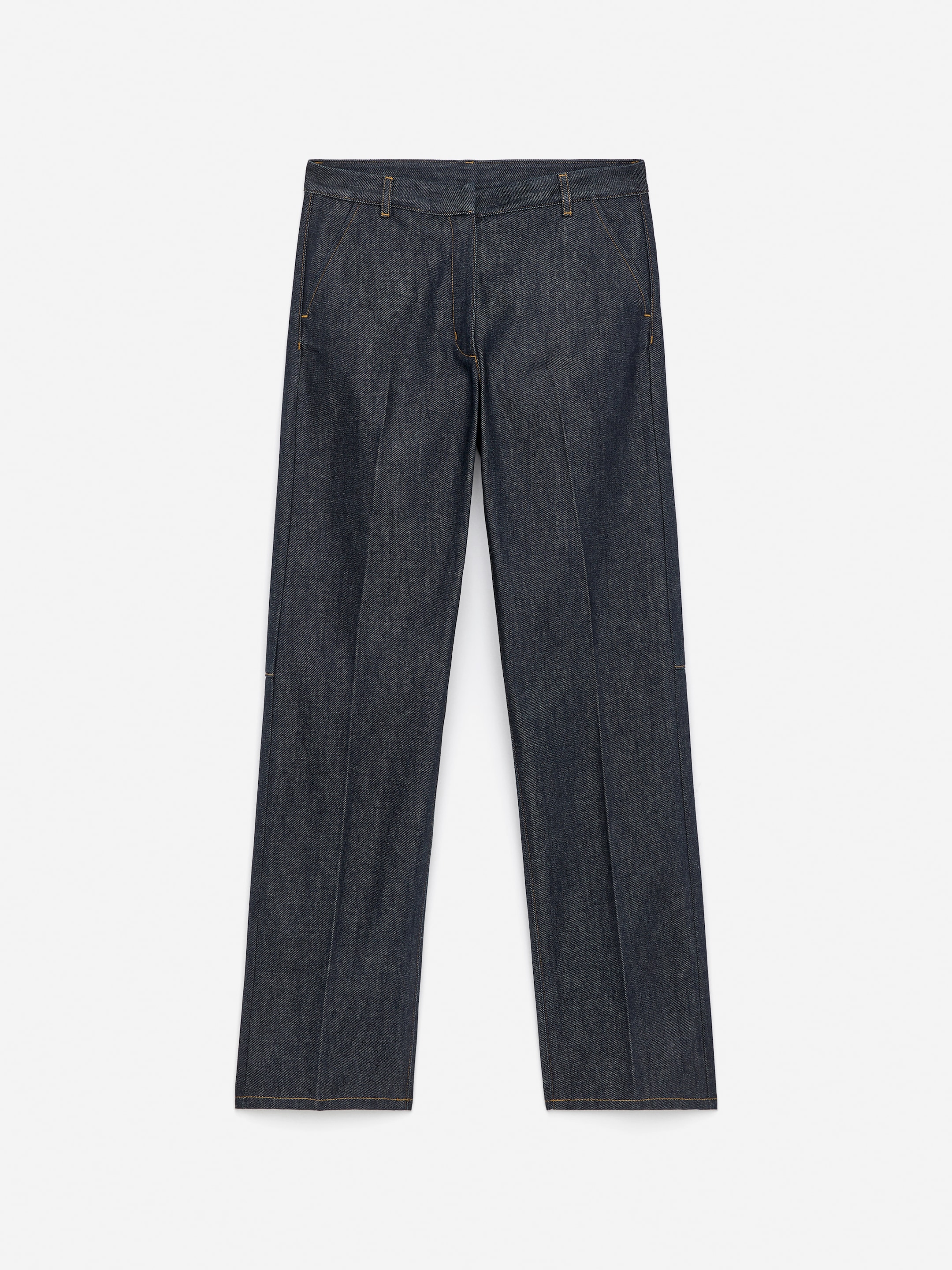 Dark blue denim jeans with straight legs, belt loops, and subtle stitching, laid flat on a white background.