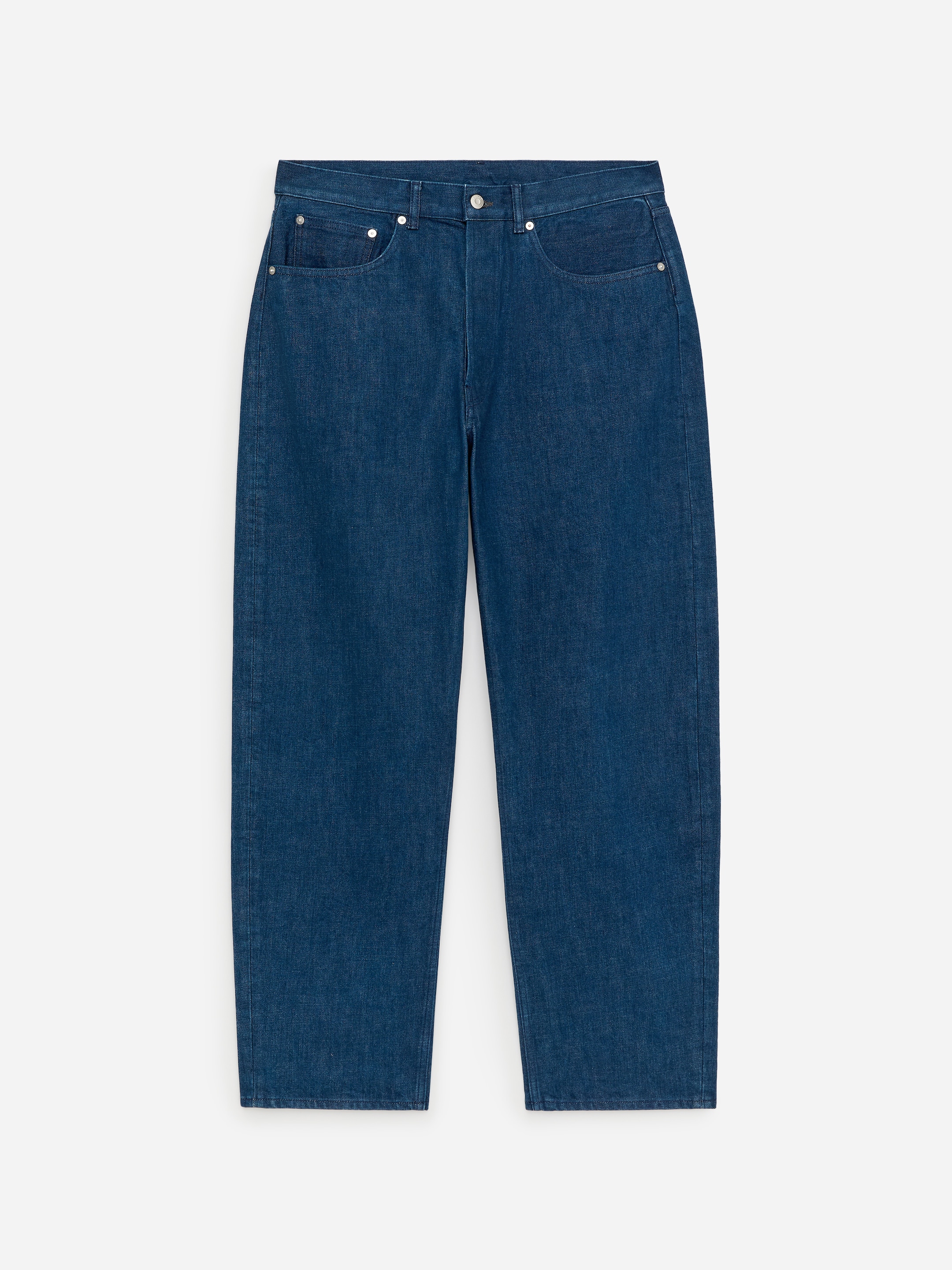 Wide-leg blue denim jeans with a high waist and classic five-pocket design, displayed against a white background.