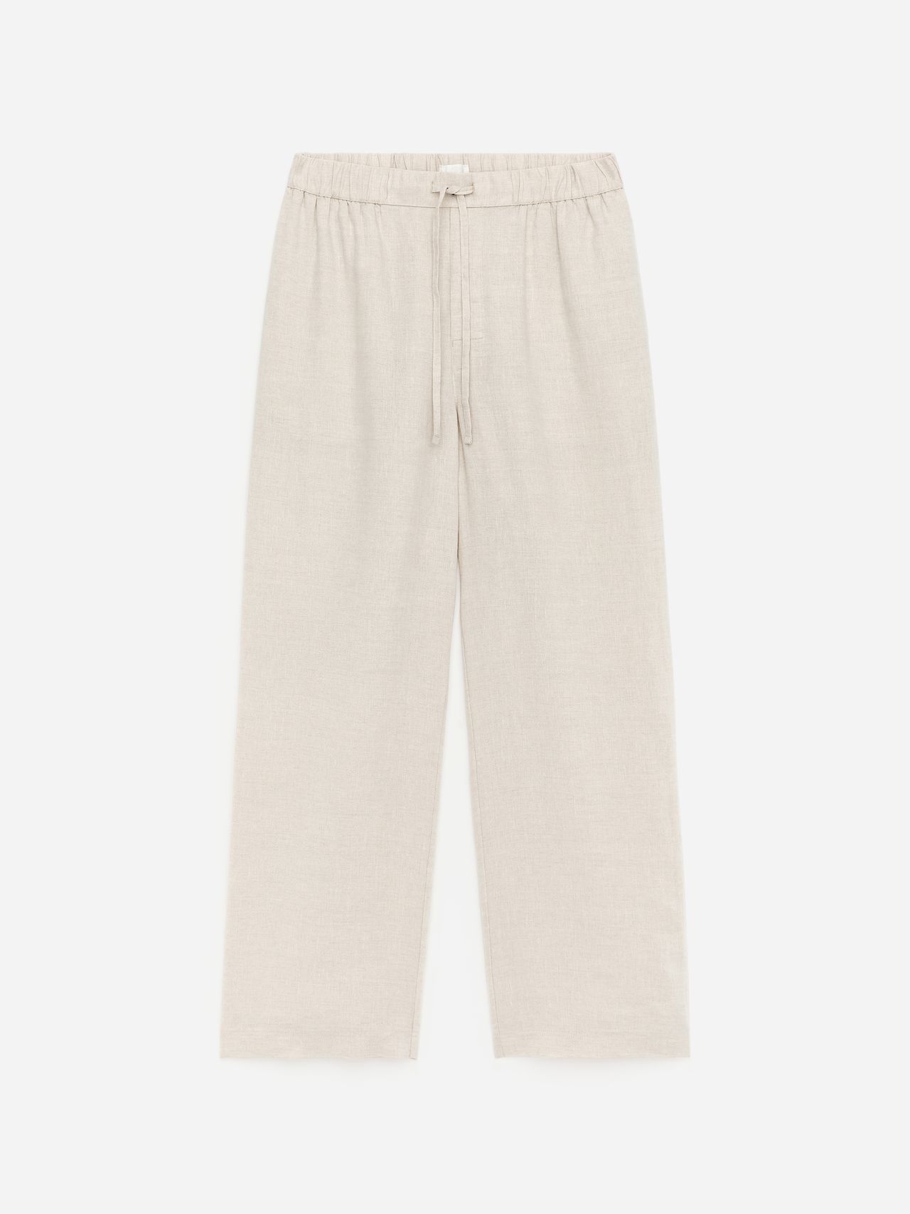 Beige wide-leg linen pants with an elastic waistband and drawstring, viewed on a white background.