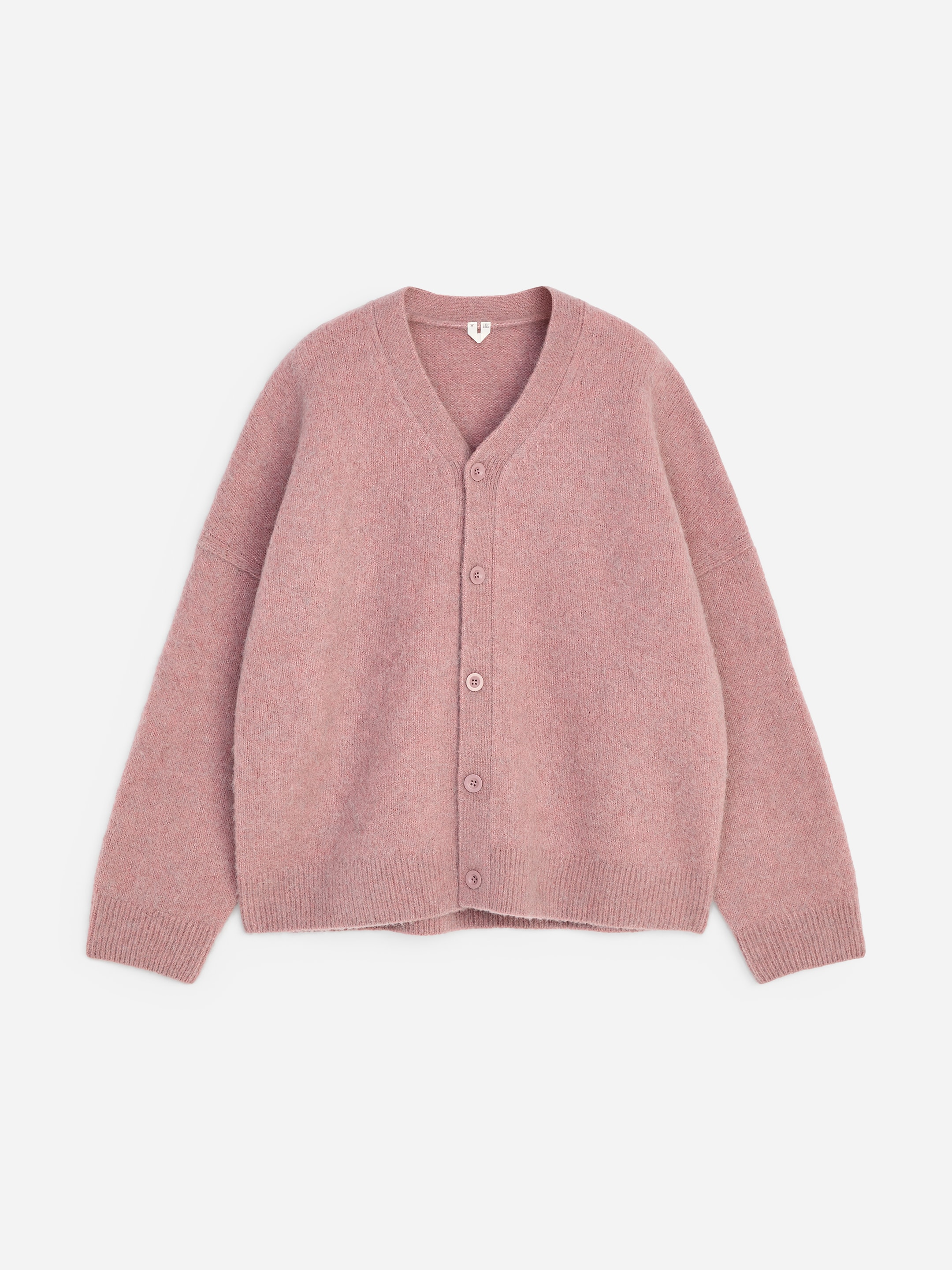 Pink knit cardigan with a V-neck and button front, featuring ribbed cuffs and hem, laid flat on a white background.