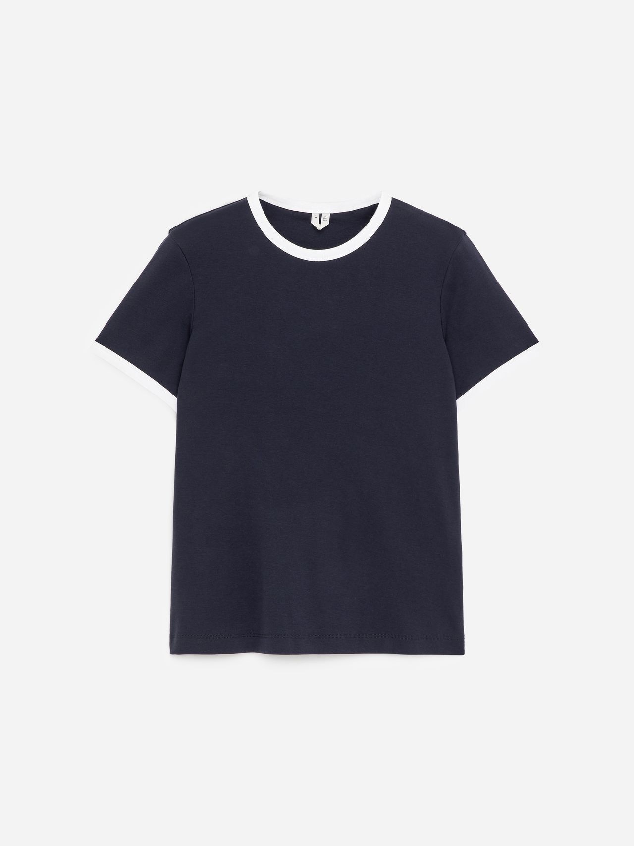 Navy blue t-shirt with white trim on the neckline and sleeves, displayed against a plain background.