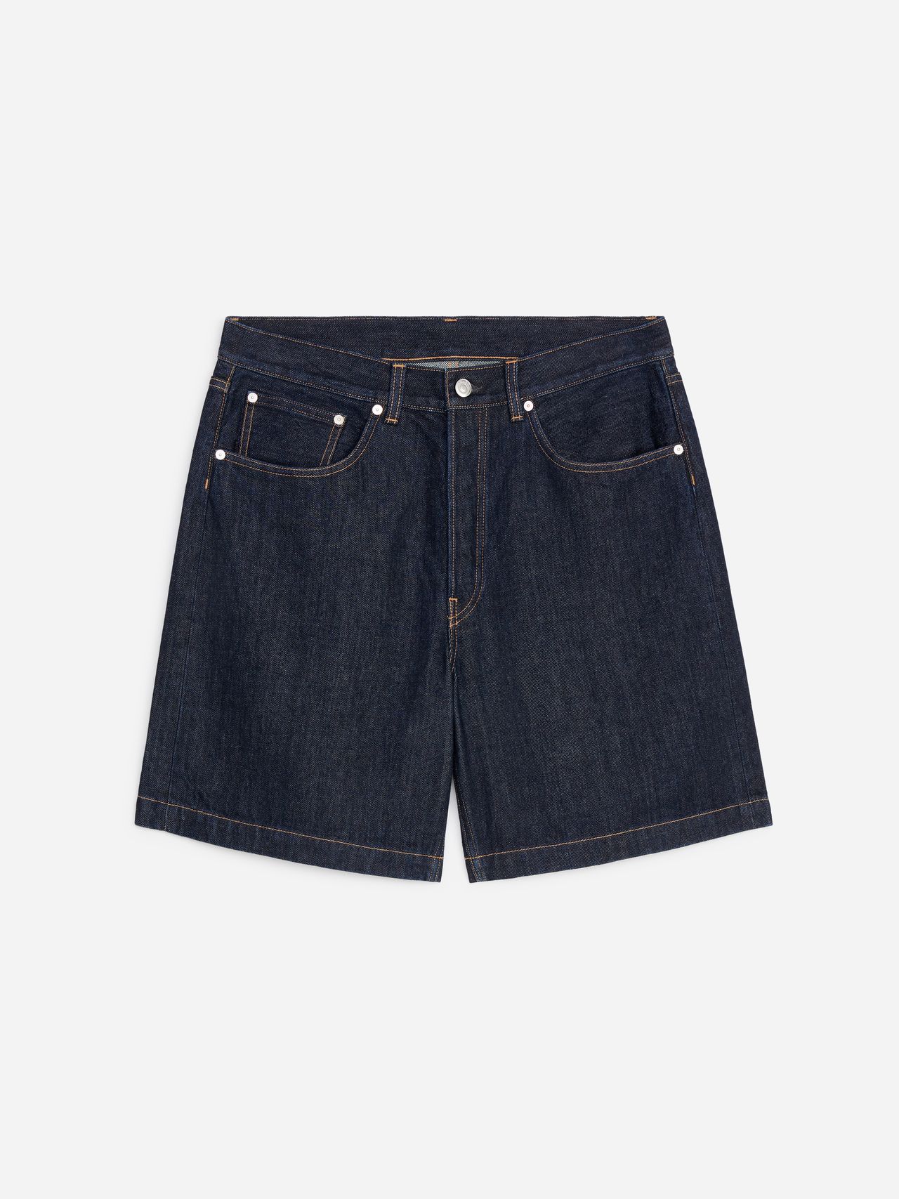 Dark denim shorts with five pockets, button closure, and contrast stitching, laid flat against a white background.