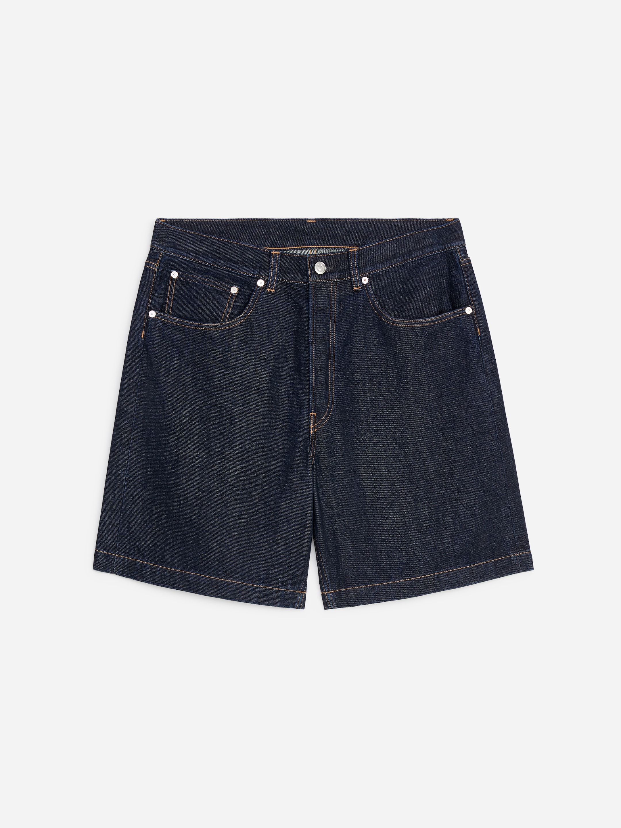 Dark denim shorts with five pockets, button closure, and contrast stitching, laid flat against a white background.